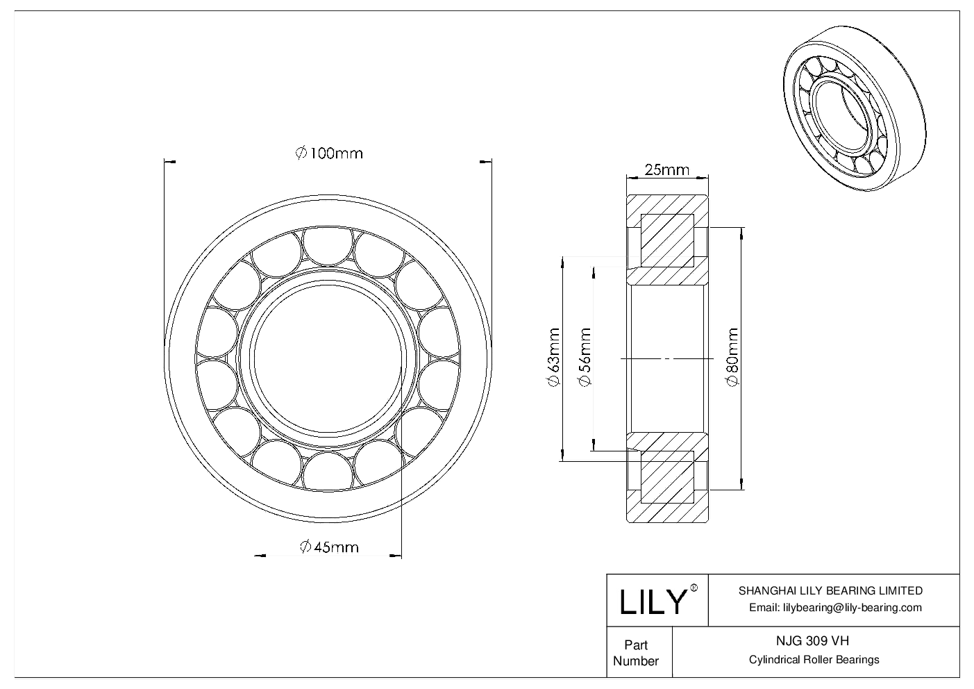 NJG 309 VH Single Row Full Complement Cylindrical Roller Bearings cad drawing