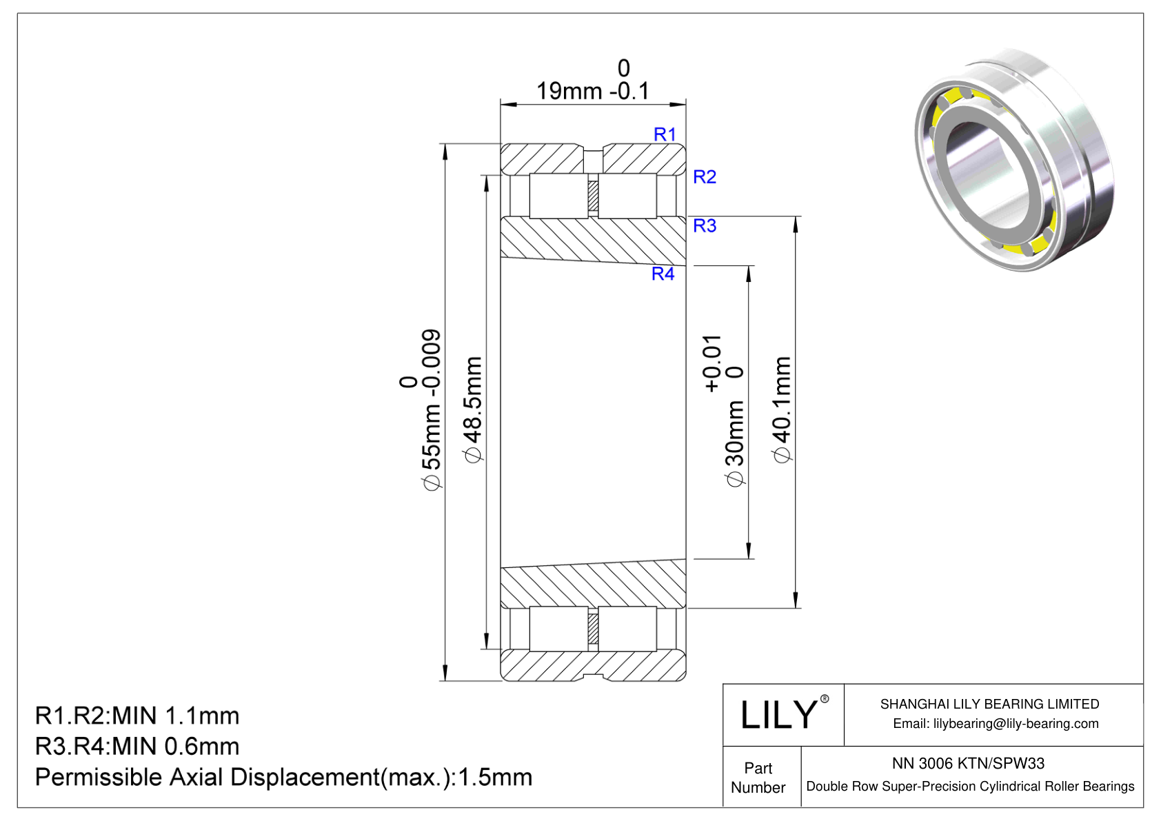 NN 3006 KTN/SPW33 Double Row Cylindrical Roller Bearings cad drawing