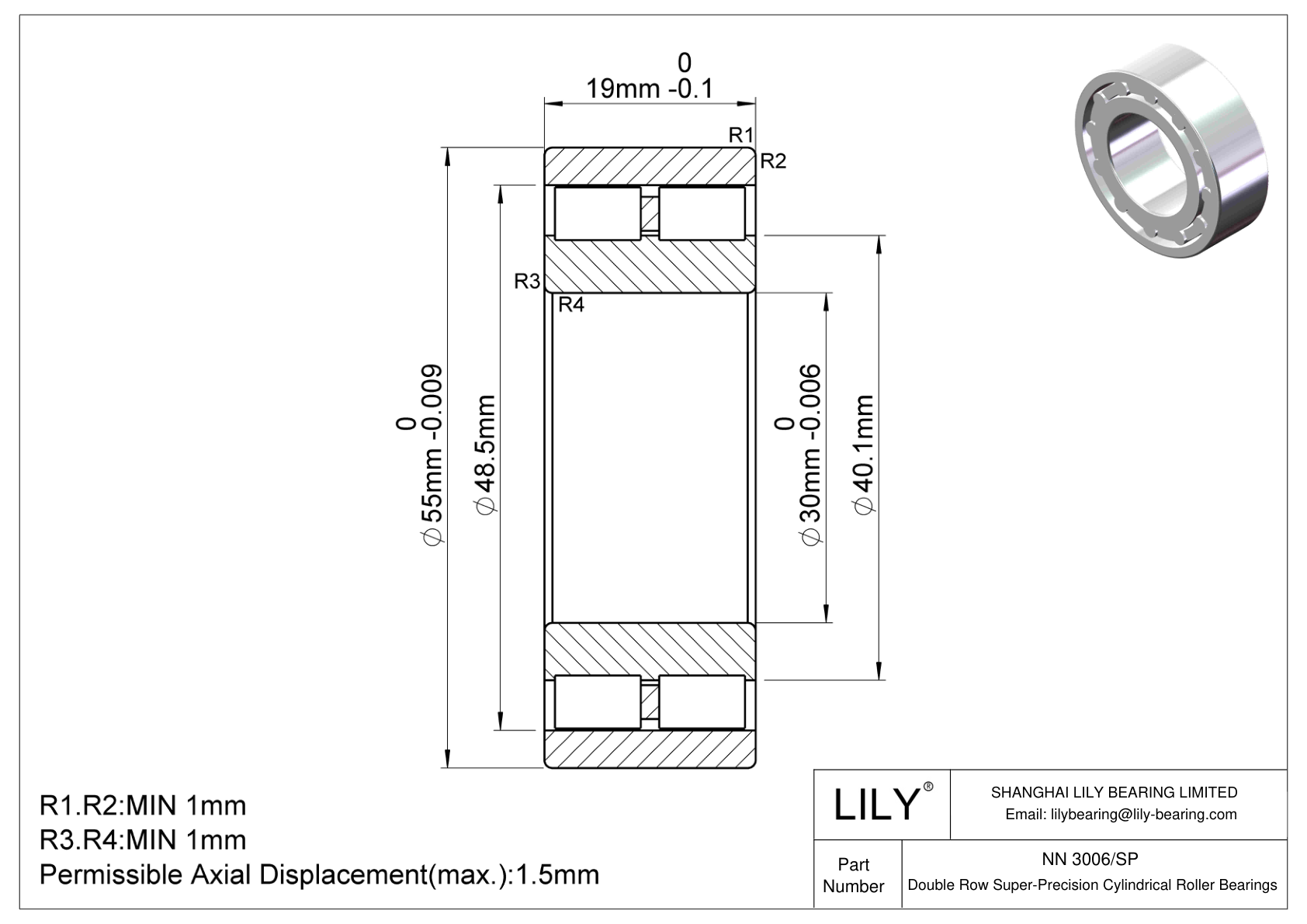 NN 3006/SP Rodamientos de Rodillos Cilíndricos de Doble Hilera cad drawing