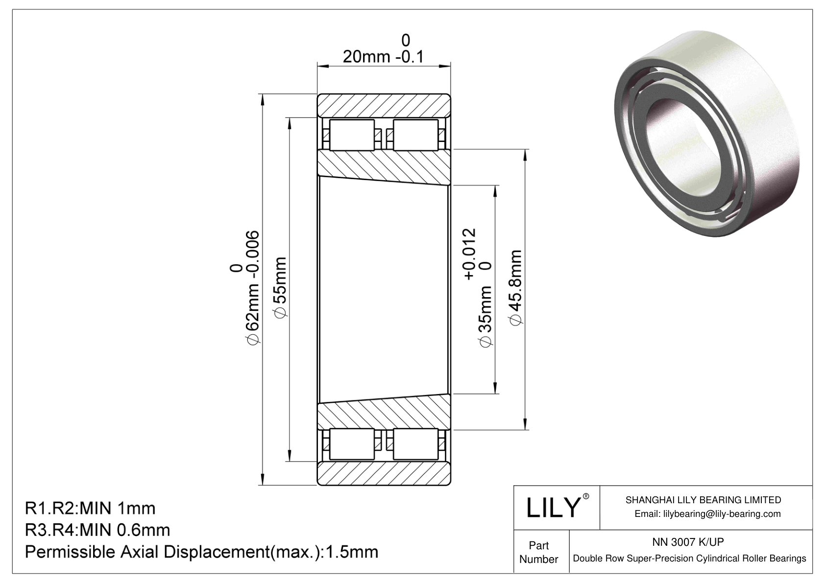 NN 3007 K/UP Double Row Cylindrical Roller Bearings cad drawing