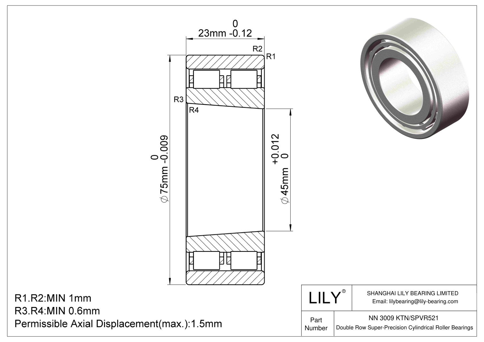 NN 3009 KTN/SPVR521 Double Row Cylindrical Roller Bearings cad drawing