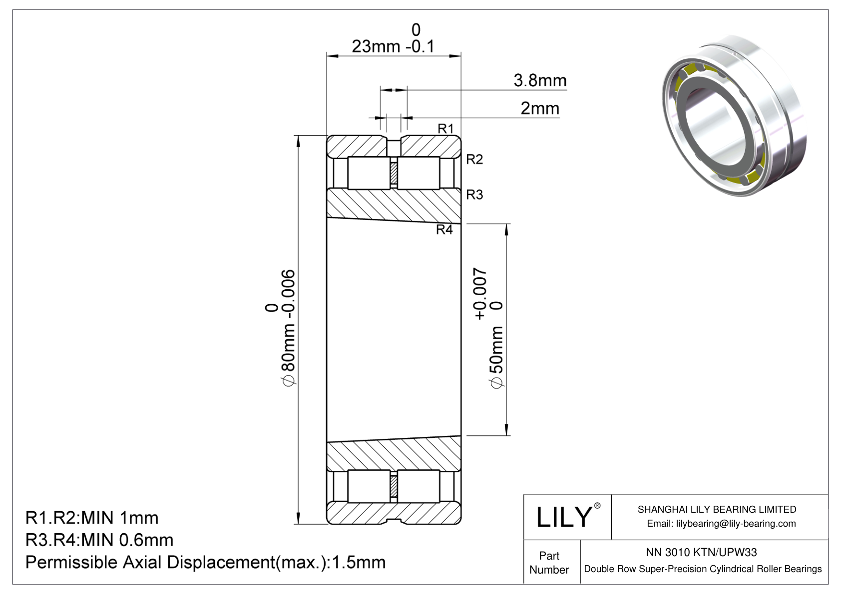 NN 3010 KTN/UPW33 Double Row Super-Precision Cylindrical Roller Bearings cad drawing