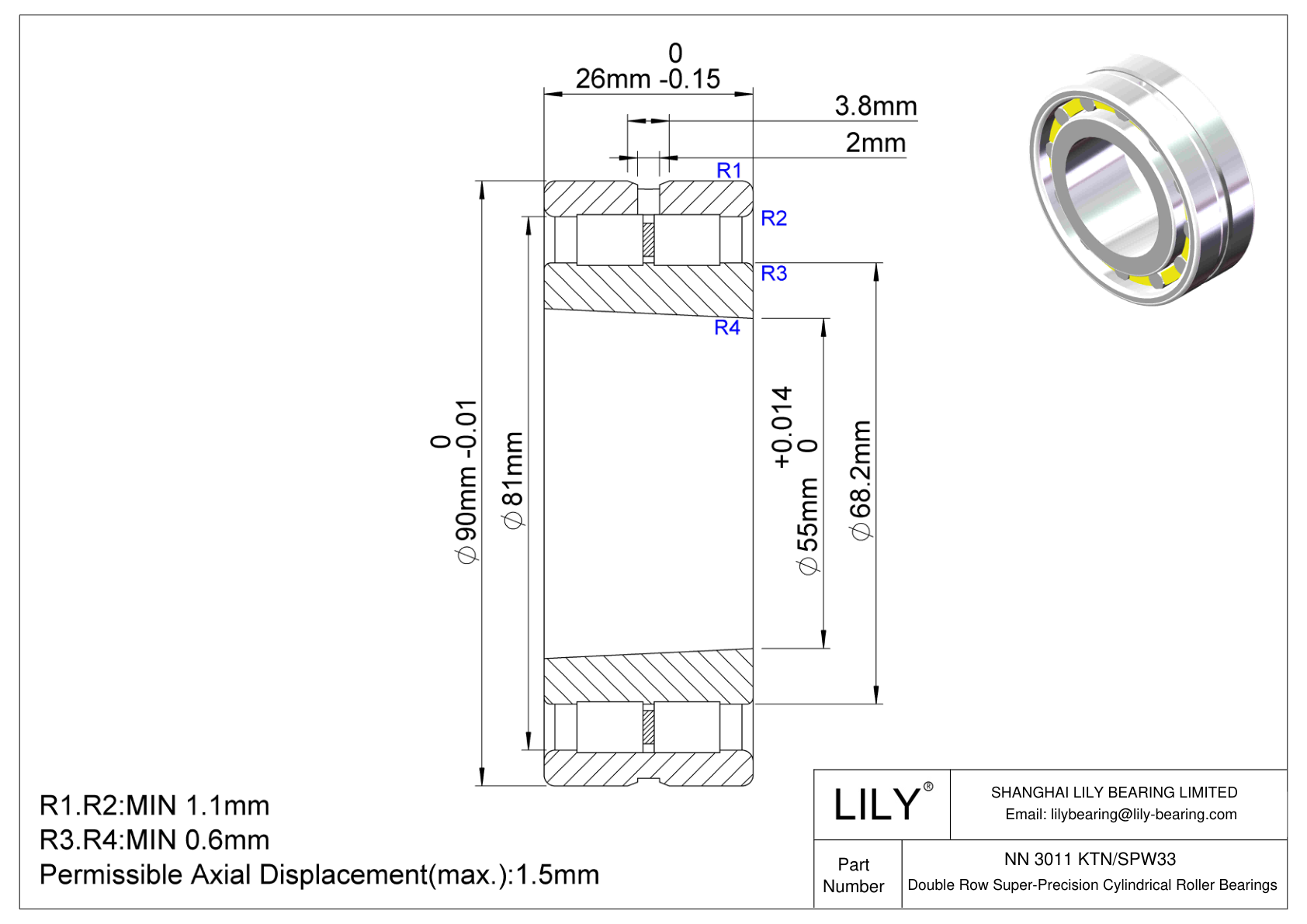 NN 3011 KTN/SPW33 双列圆柱滚子轴承 cad drawing