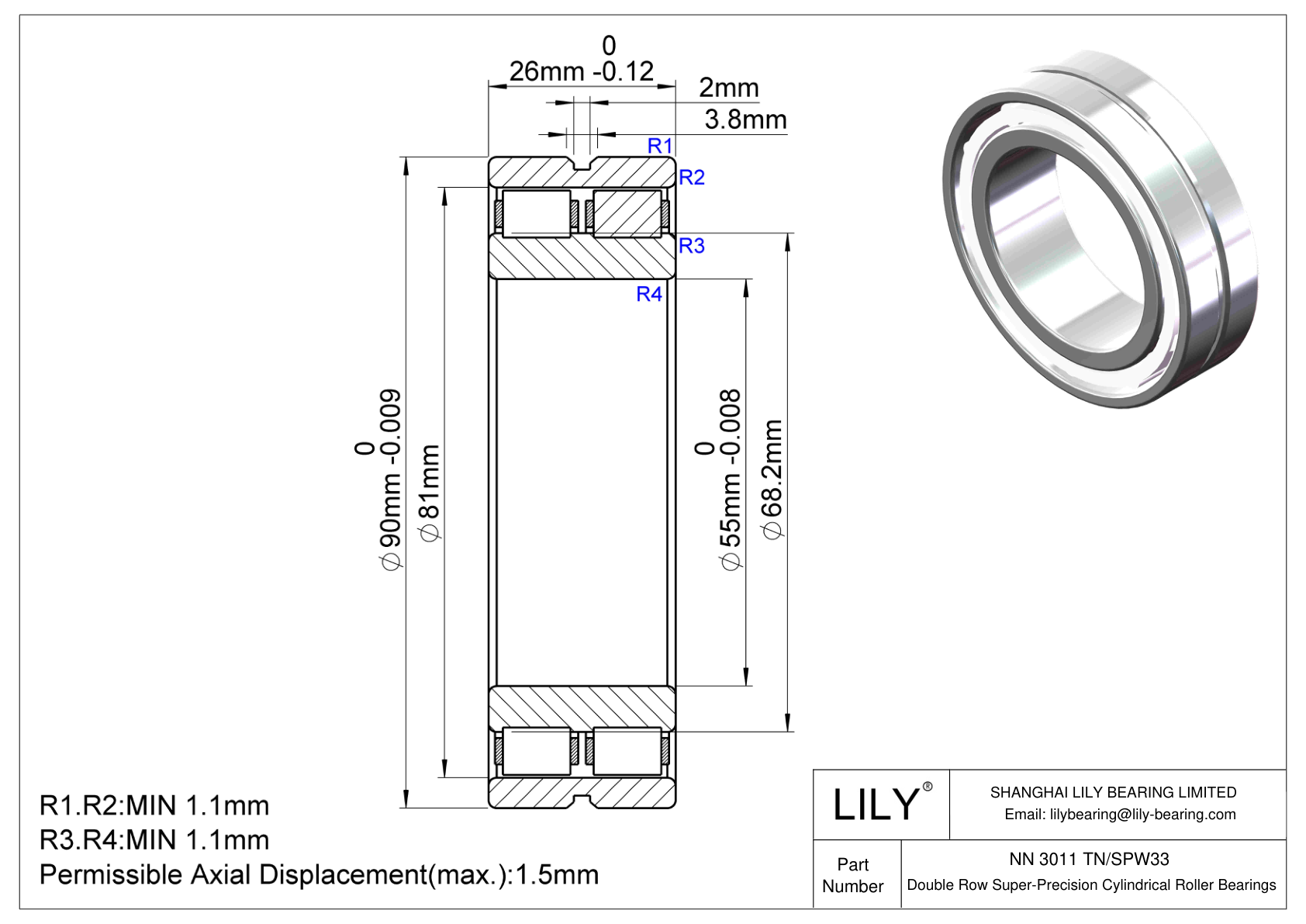 NN 3011 TN/SPW33 Double Row Cylindrical Roller Bearings cad drawing