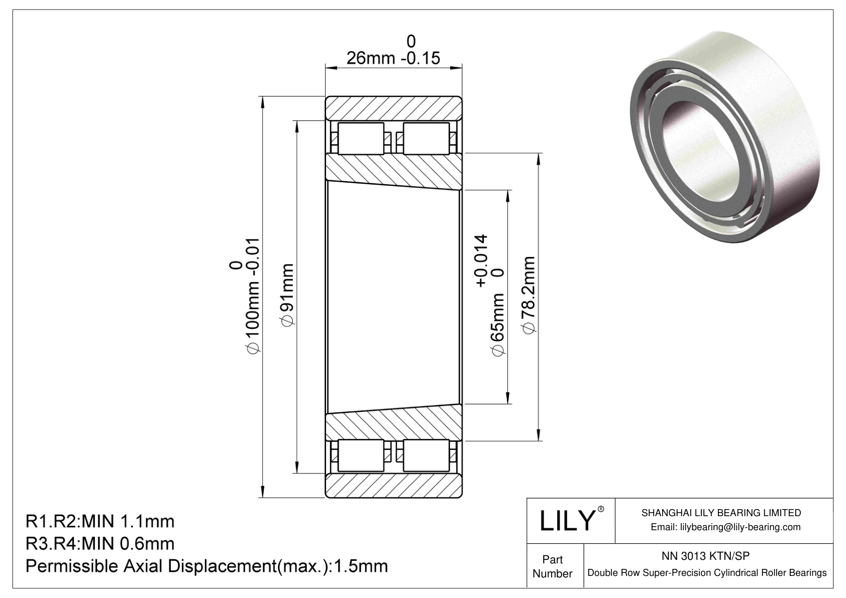 NN 3013 KTN/SP Double Row Cylindrical Roller Bearings cad drawing