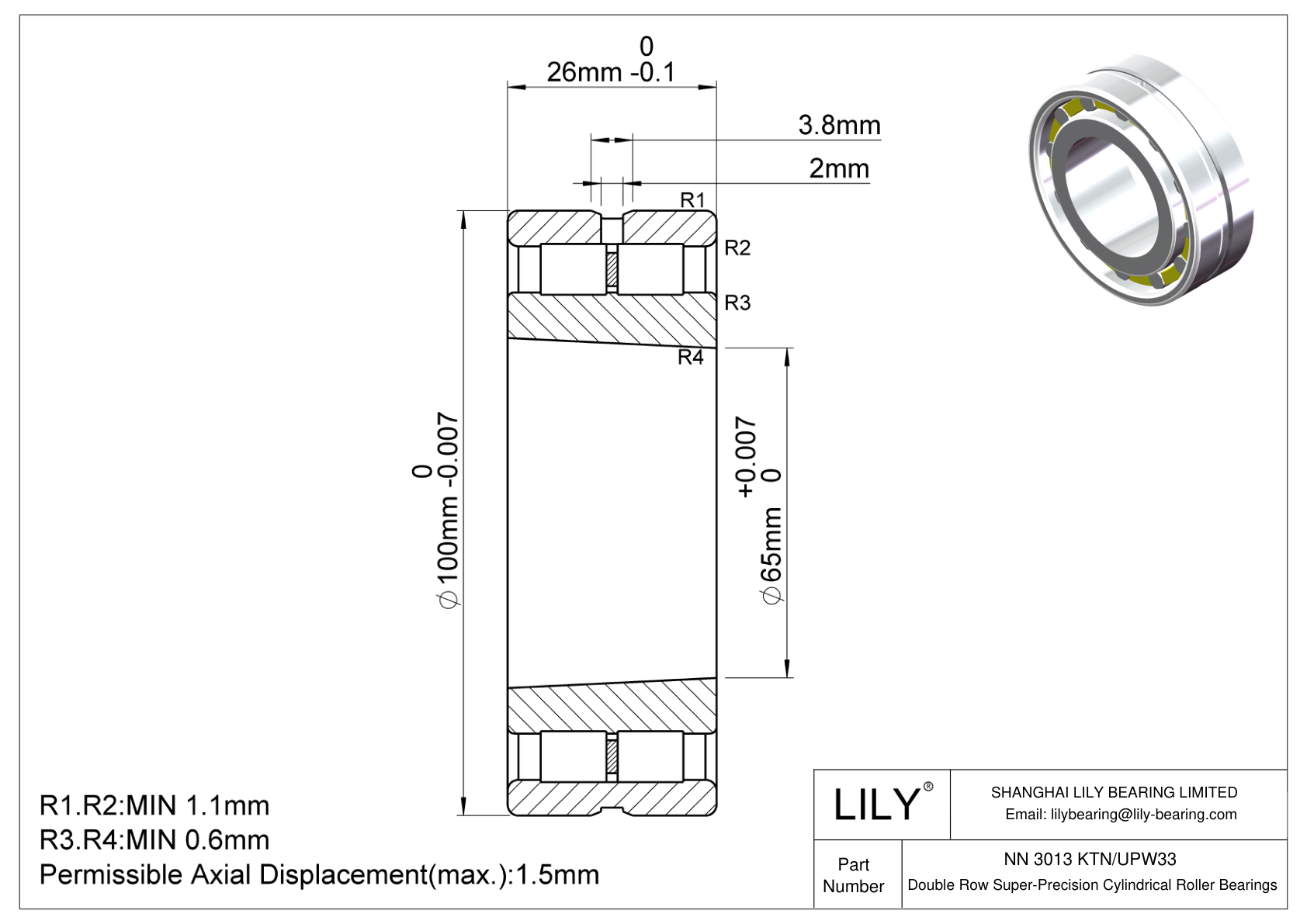 NN 3013 KTN/UPW33 Double Row Super-Precision Cylindrical Roller Bearings cad drawing