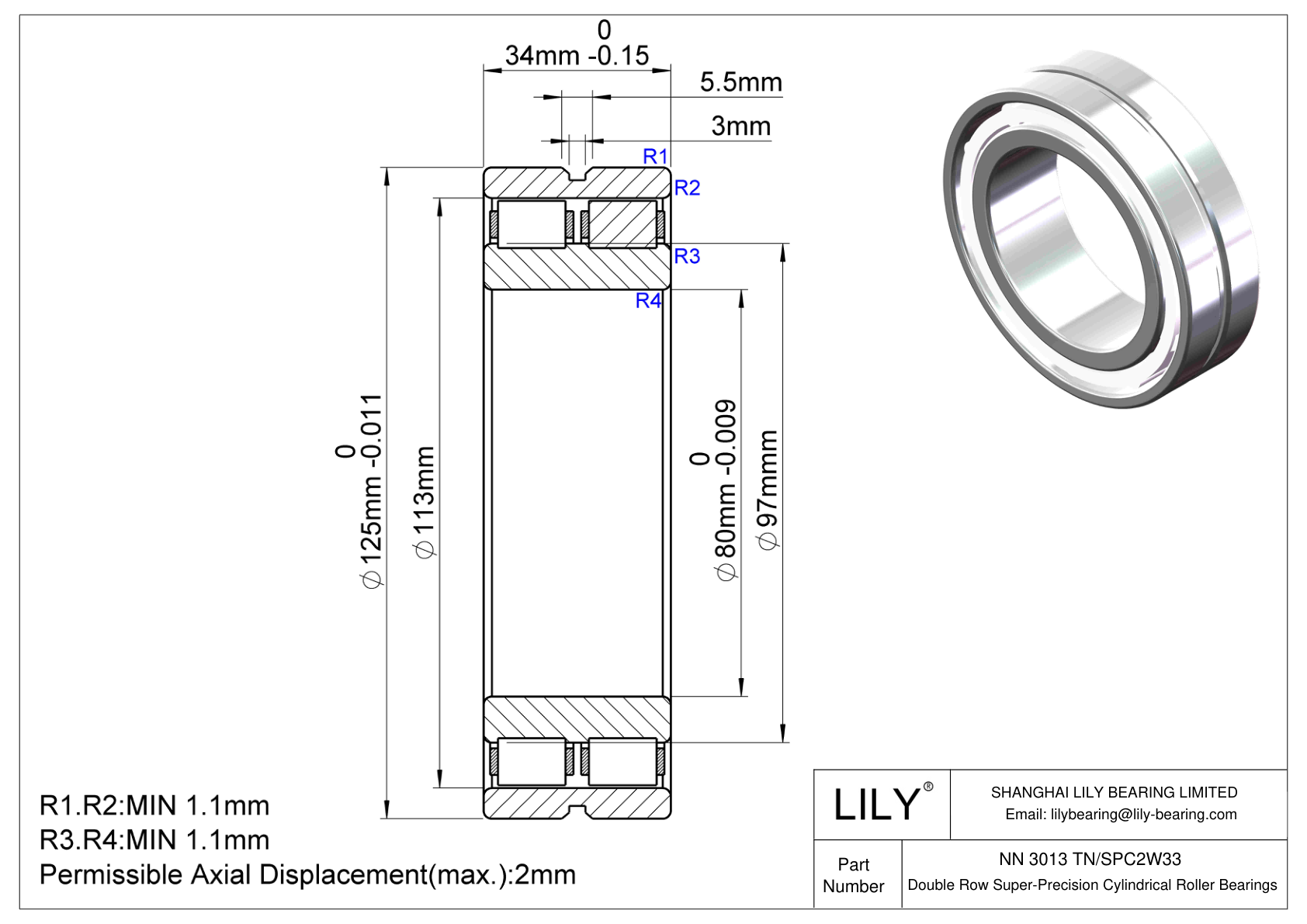 NN 3013 TN/SPC2W33 Double Row Super-Precision Cylindrical Roller Bearings cad drawing