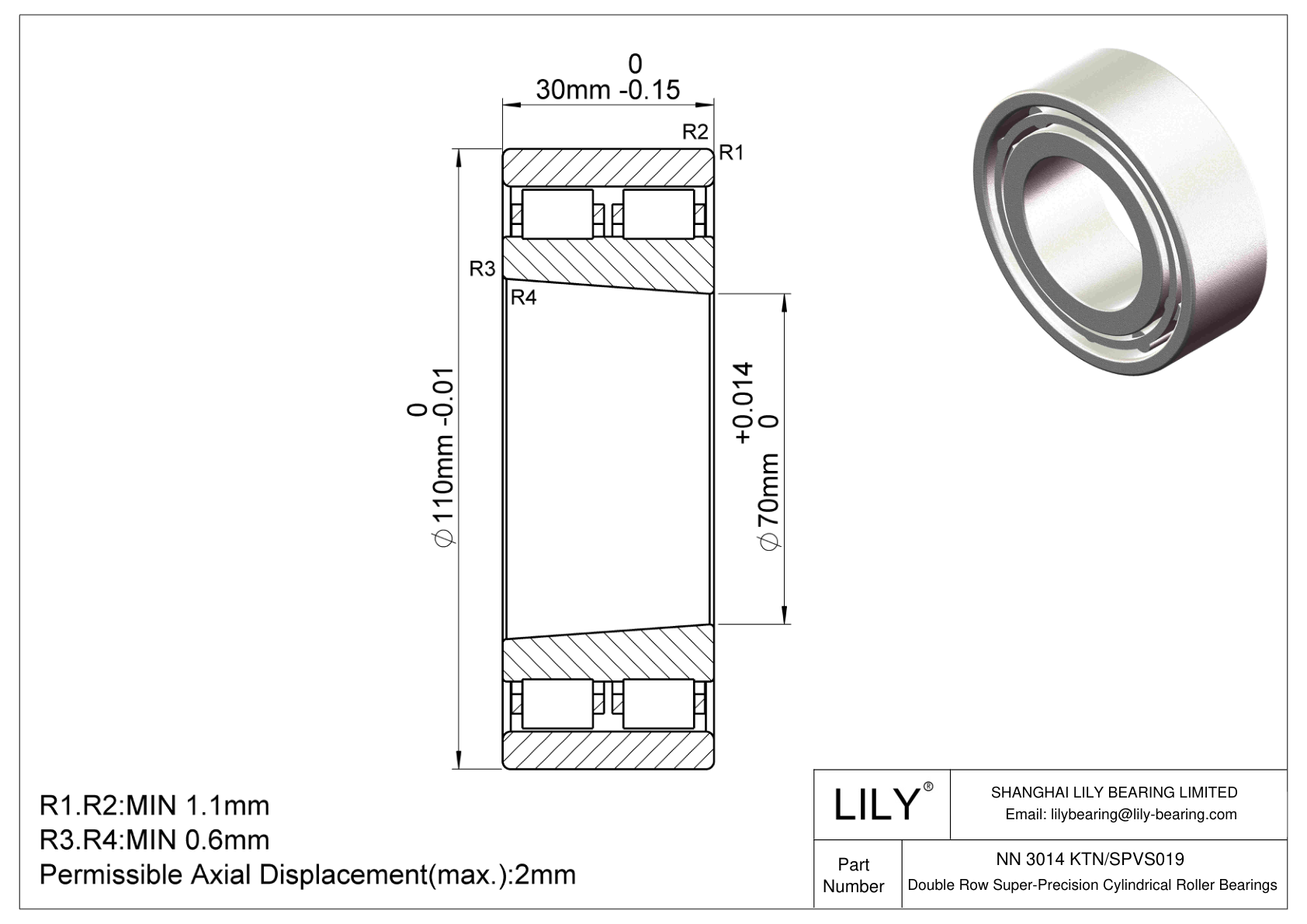 NN 3014 KTN/SPVS019 Double Row Cylindrical Roller Bearings cad drawing