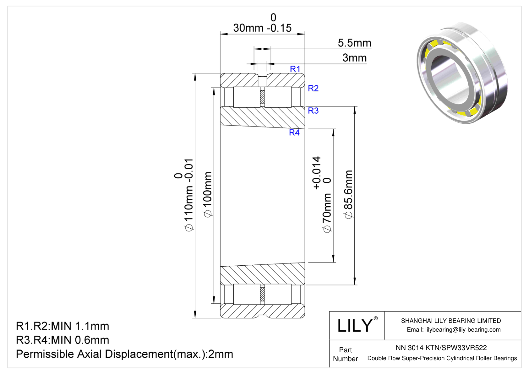 NN 3014 KTN/SPW33VR522 Double Row Cylindrical Roller Bearings cad drawing