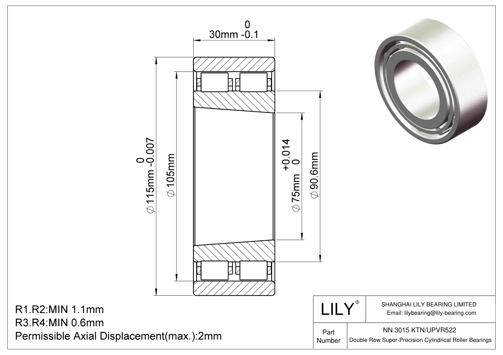 NN 3015 KTN/UPVR522 Rodamientos de Rodillos Cilíndricos de Doble Hilera y Superprecisión cad drawing