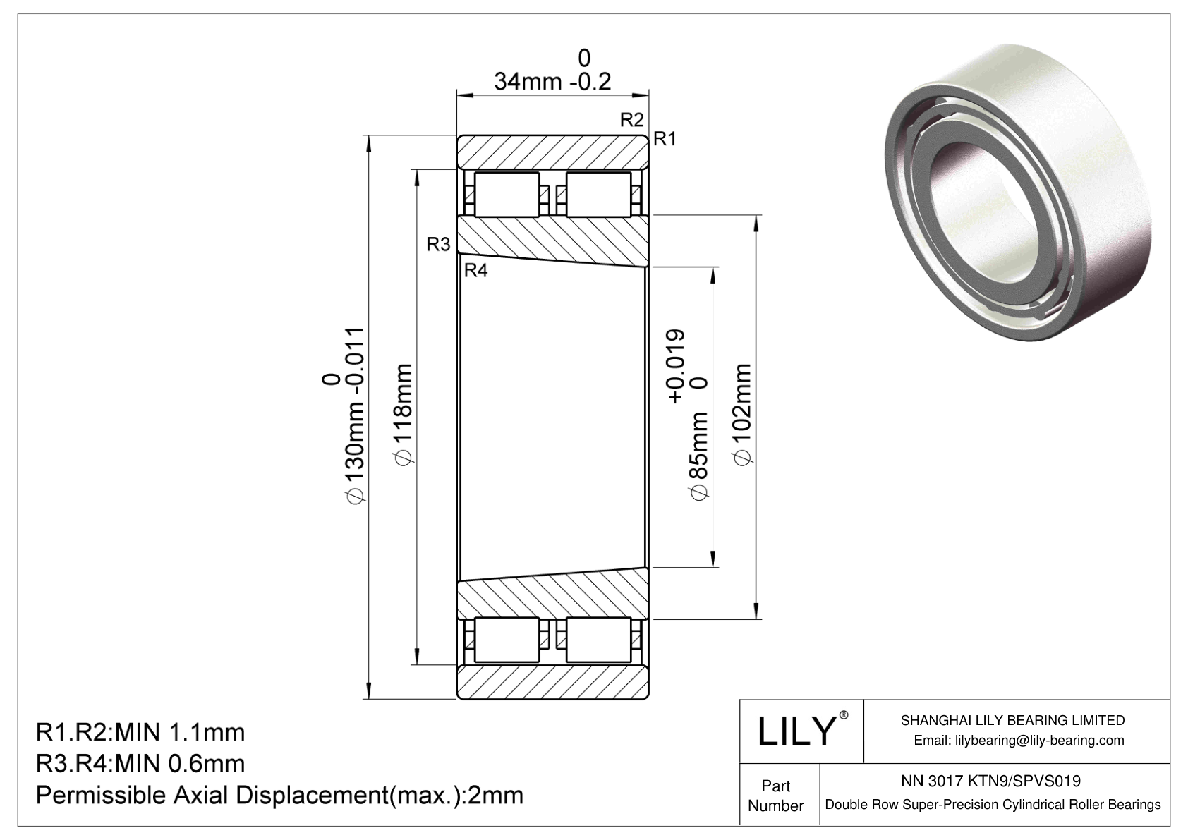 NN 3017 KTN9/SPVS019 Double Row Cylindrical Roller Bearings cad drawing