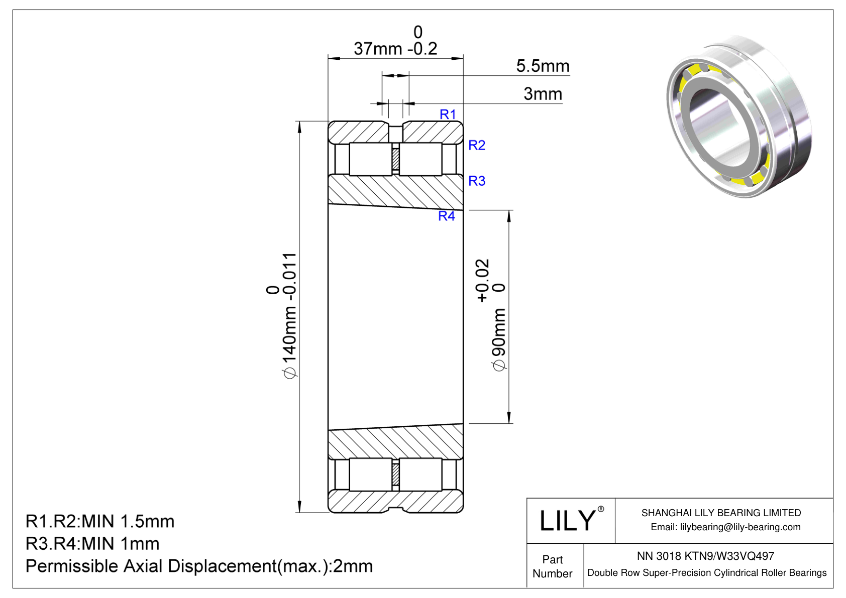 NN 3018 KTN9/W33VQ497 Rodamientos de Rodillos Cilíndricos de Doble Hilera y Superprecisión cad drawing