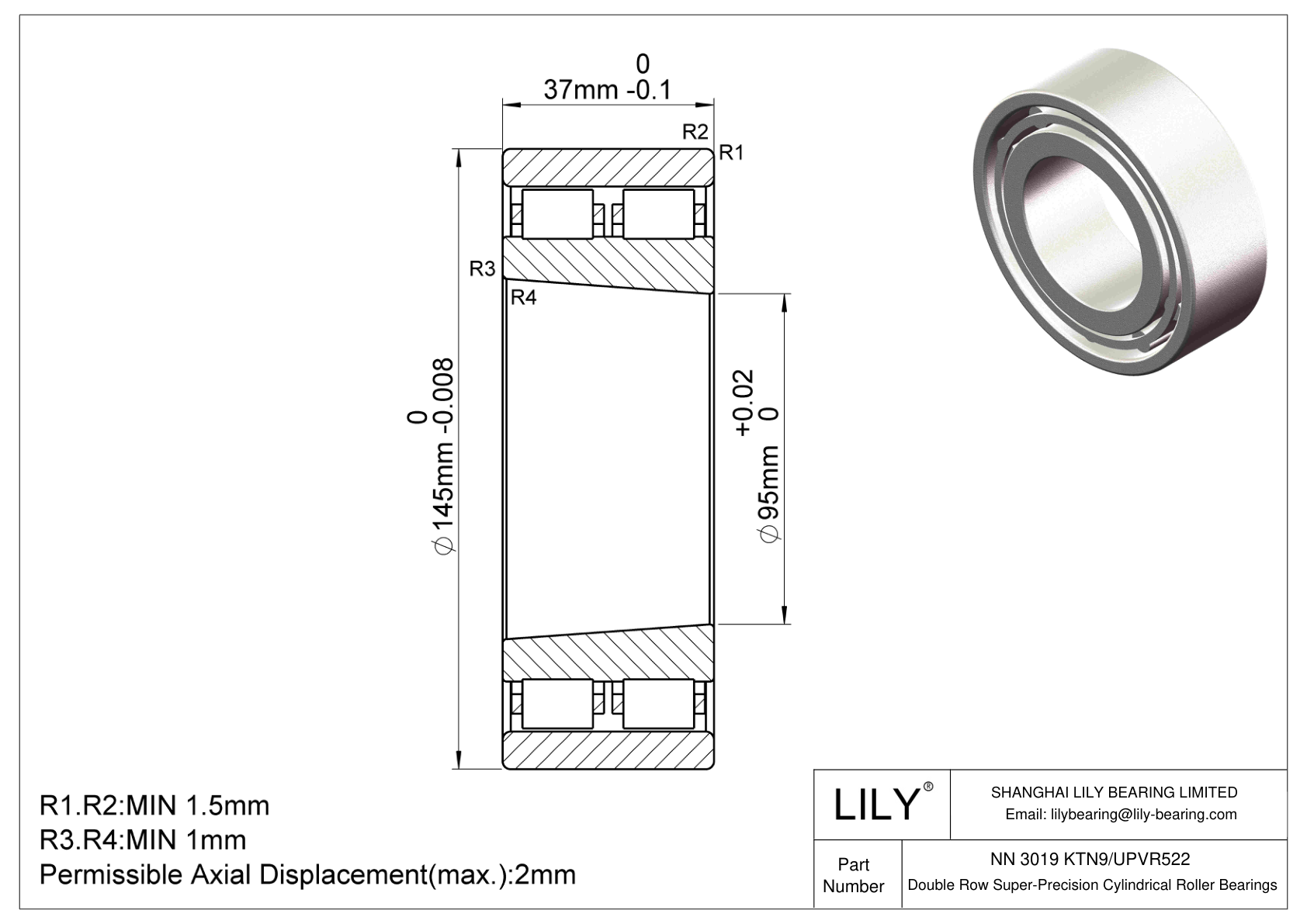 NN 3019 KTN9/UPVR522 Double Row Super-Precision Cylindrical Roller Bearings cad drawing