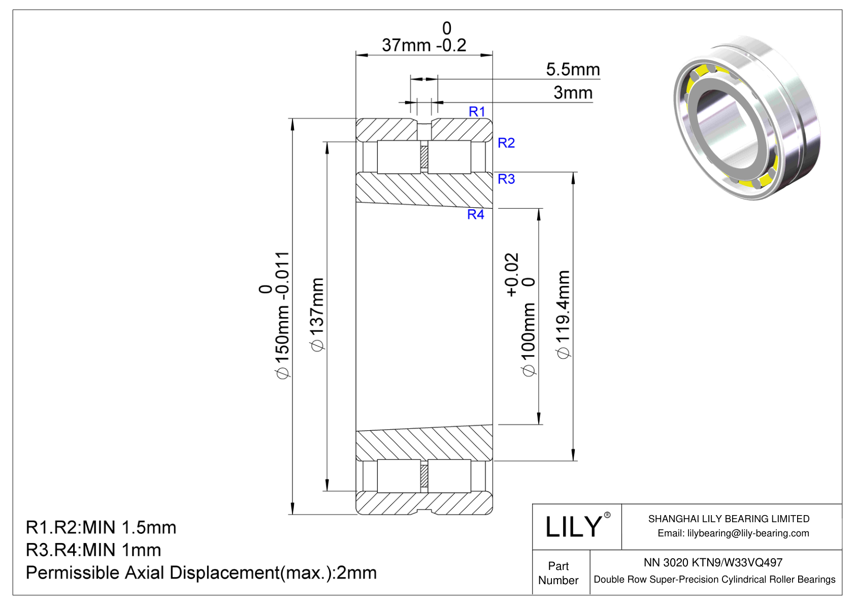 NN 3020 KTN9/W33VQ497 双列圆柱滚子轴承 cad drawing