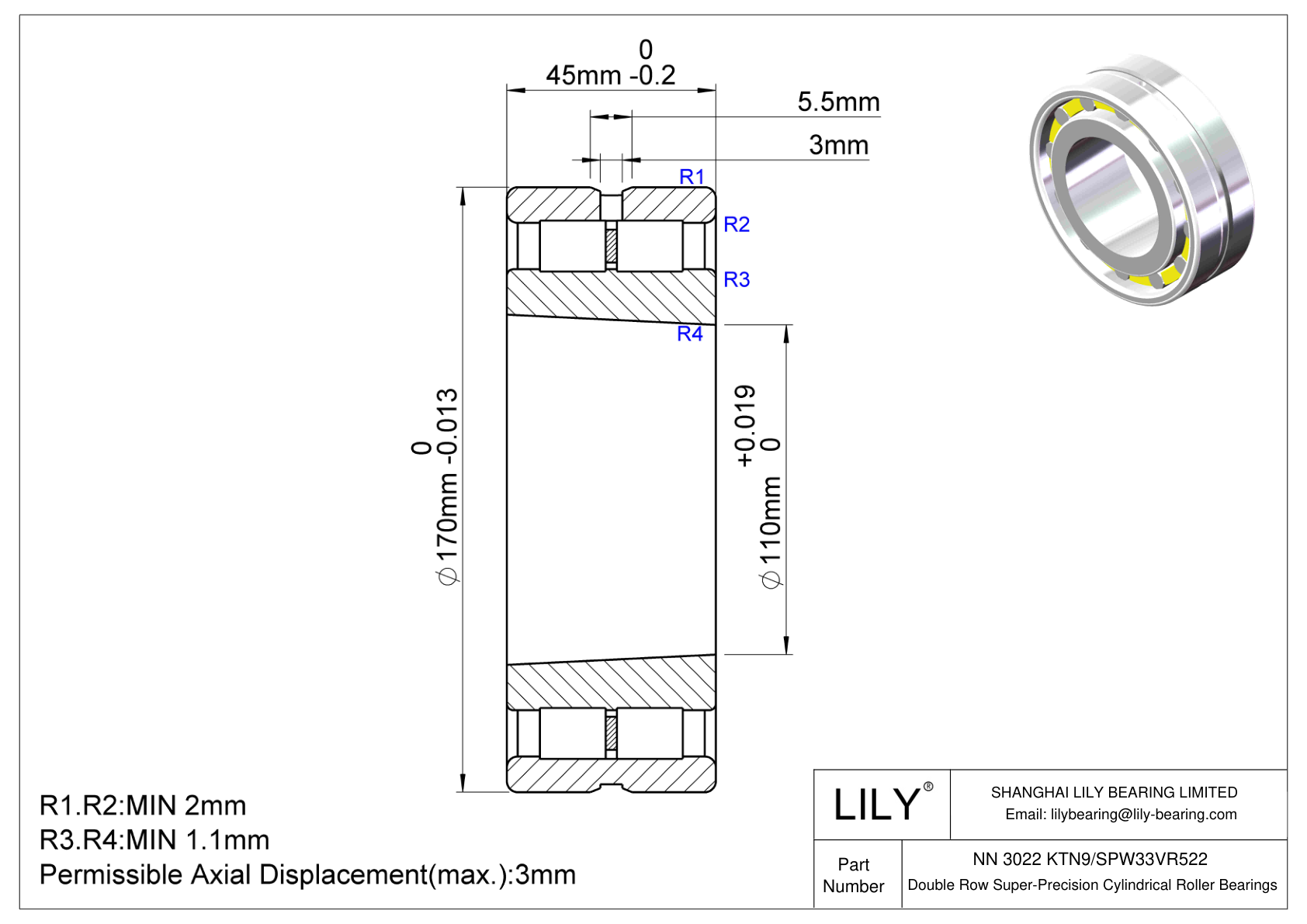 NN 3022 KTN9/SPW33VR522 Double Row Super-Precision Cylindrical Roller Bearings cad drawing