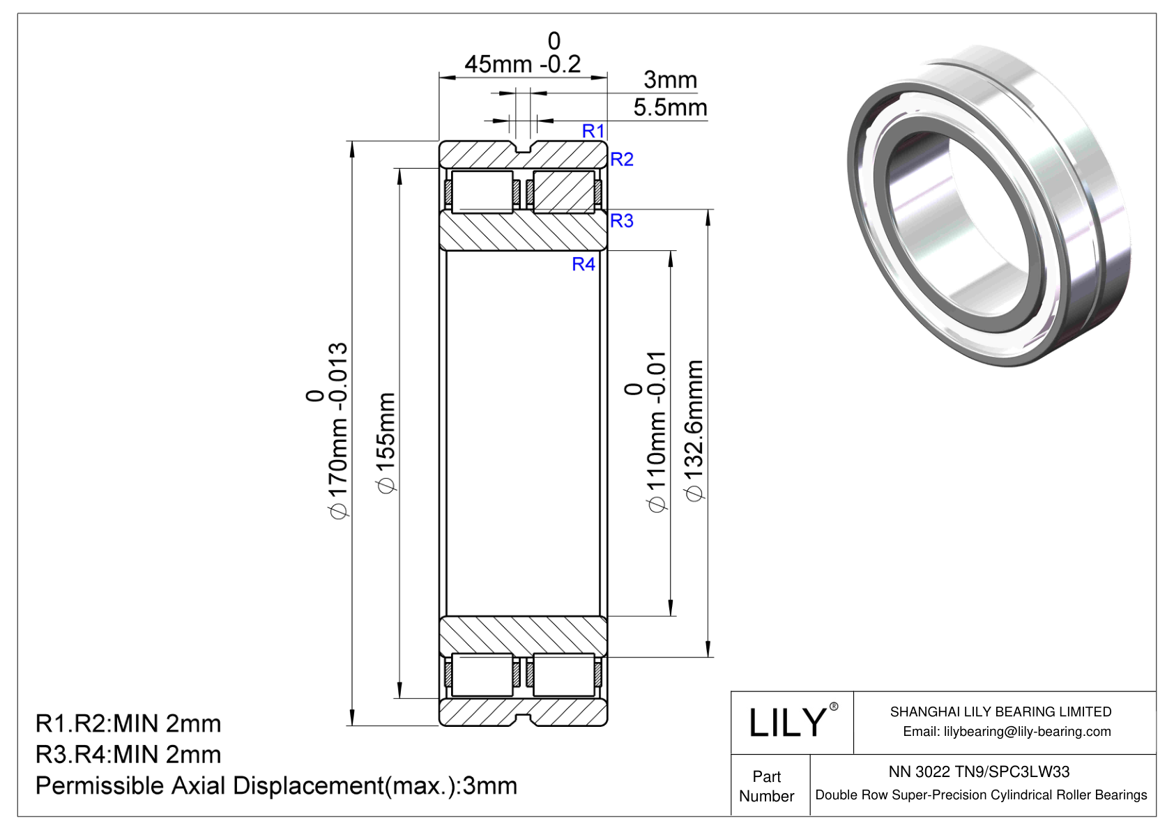 NN 3022 TN9/SPC3LW33 Rodamientos de Rodillos Cilíndricos de Doble Hilera cad drawing