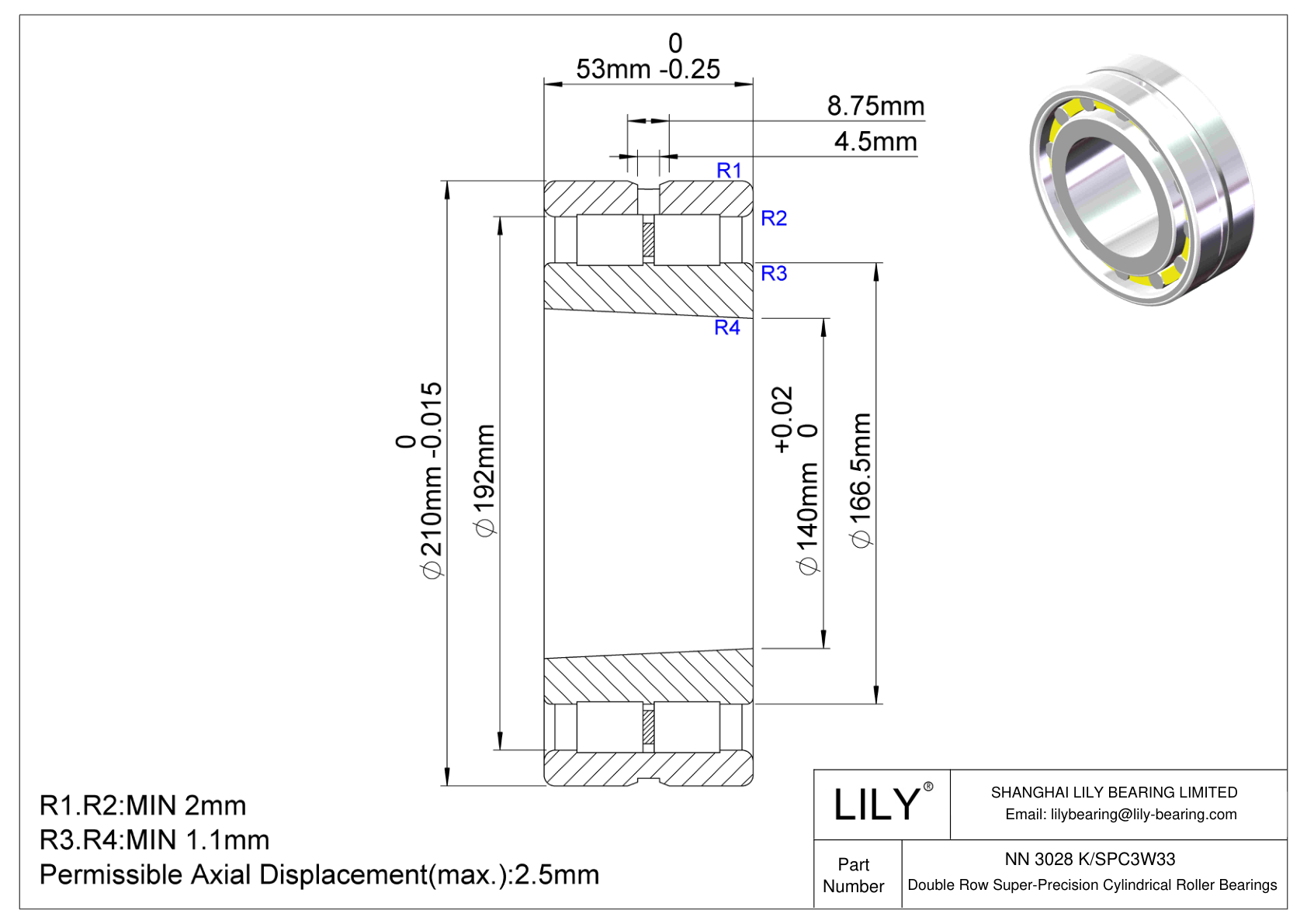 NN 3028 K/SPC3W33 Double Row Cylindrical Roller Bearings cad drawing