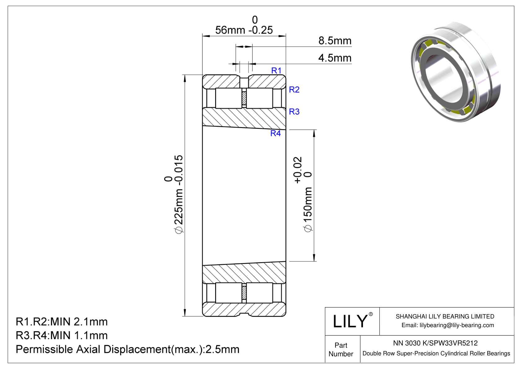 NN 3030 K/SPW33VR5212 Double Row Cylindrical Roller Bearings cad drawing