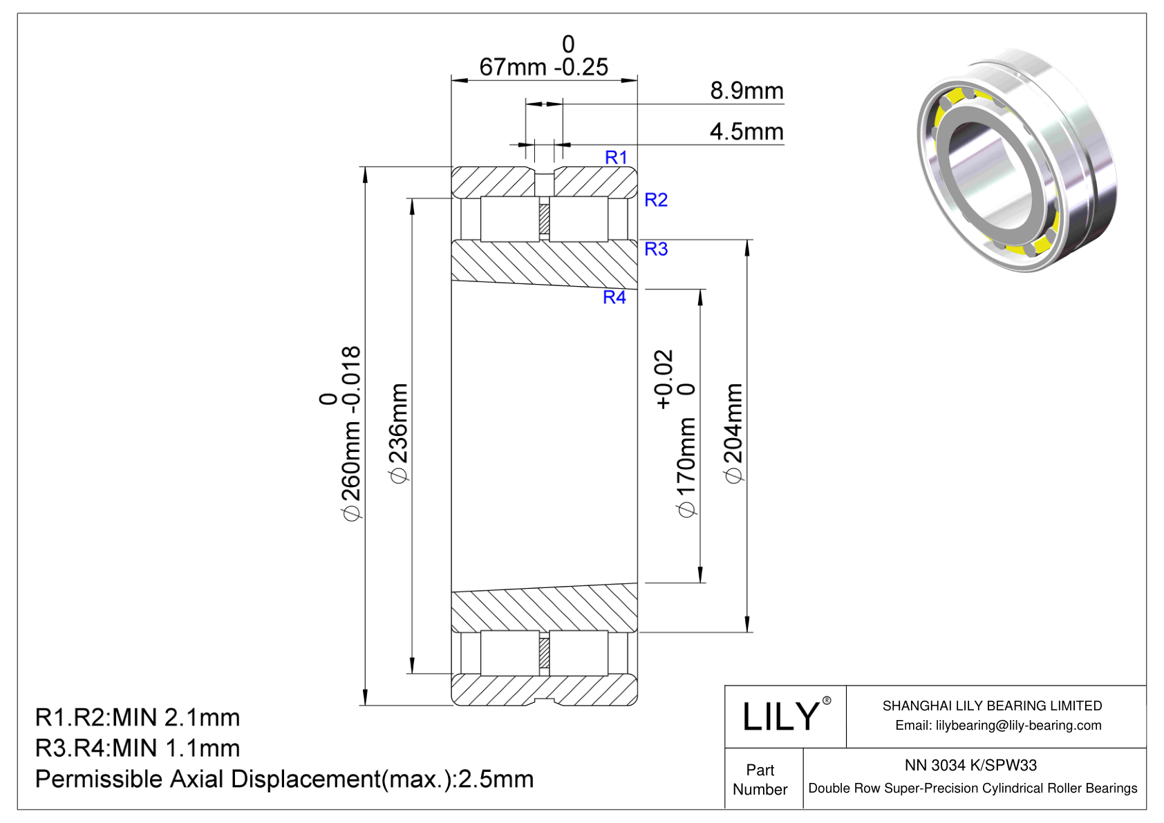 NN 3034 K/SPW33 Double Row Cylindrical Roller Bearings cad drawing