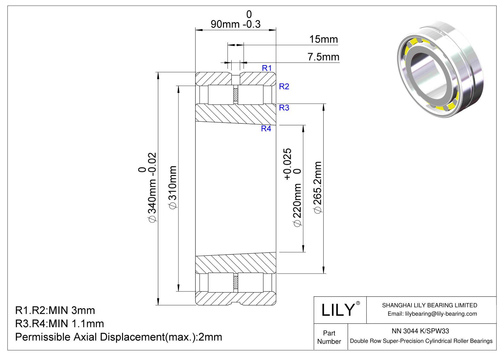 NN 3044 K/SPW33 双列圆柱滚子轴承 cad drawing