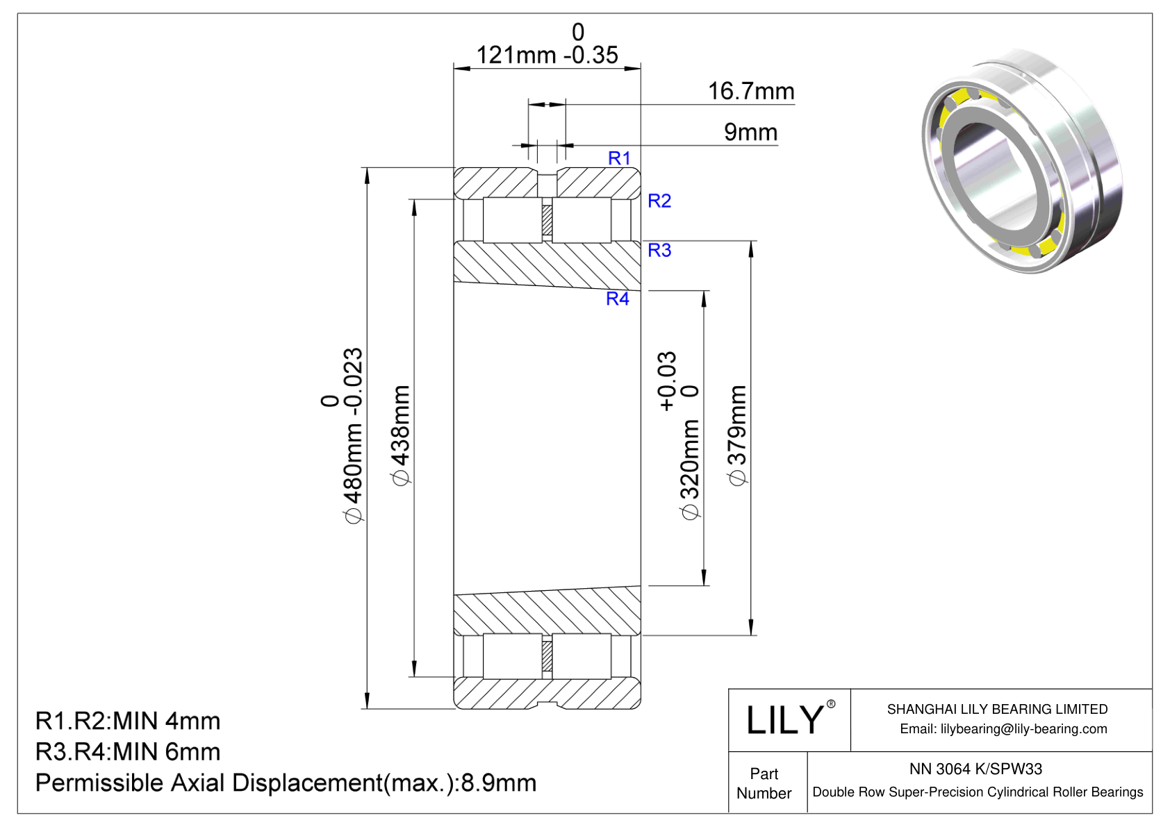 NN 3064 K/SPW33 双列圆柱滚子轴承 cad drawing