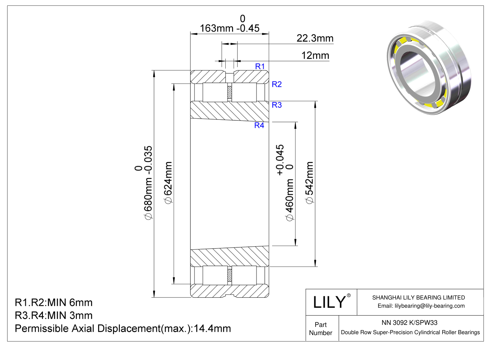 NN 3092 K/SPW33 Double Row Super-Precision Cylindrical Roller Bearings cad drawing