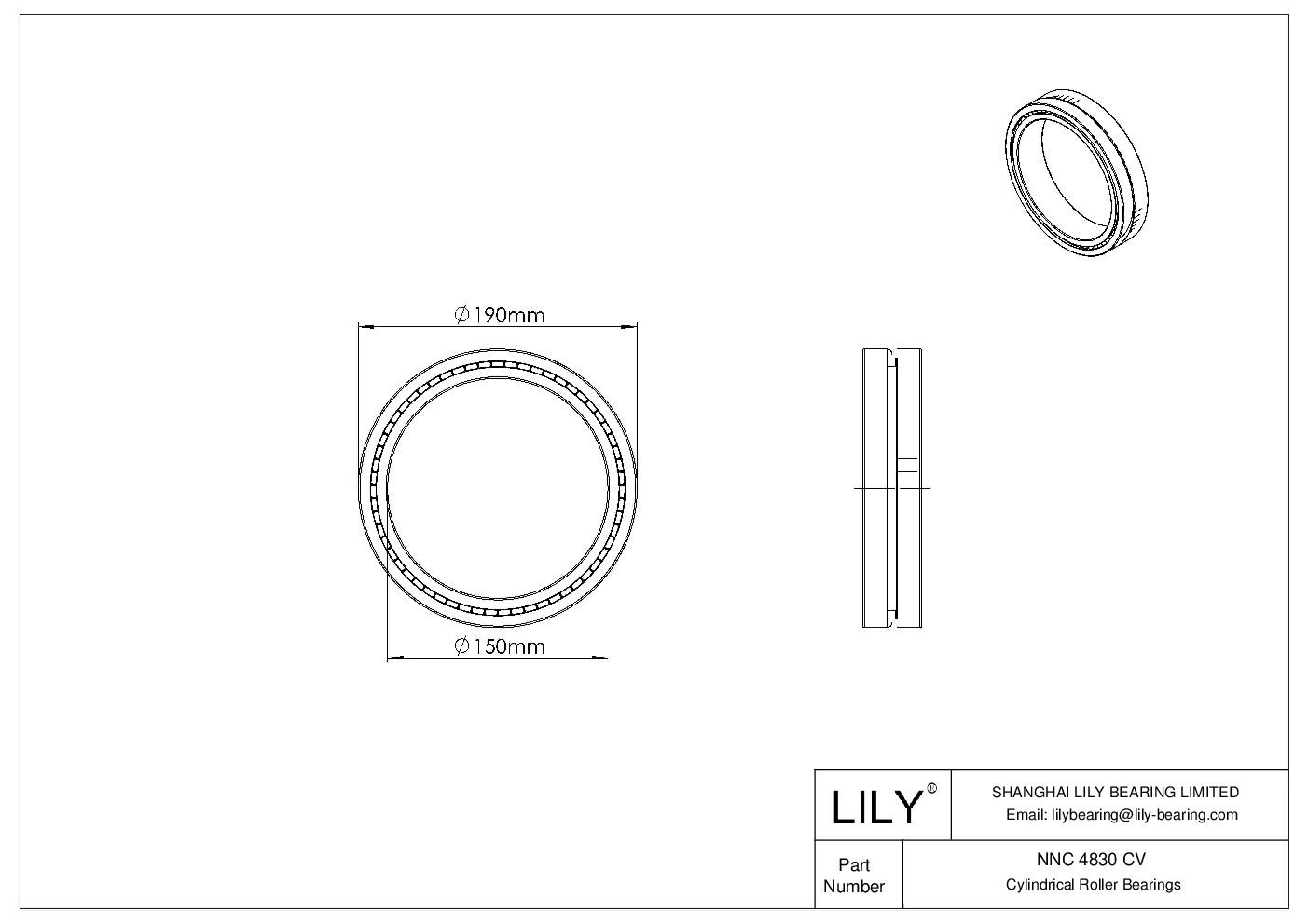 NNC 4830 CV Double Row Full Complement Cylindrical Roller Bearings cad drawing