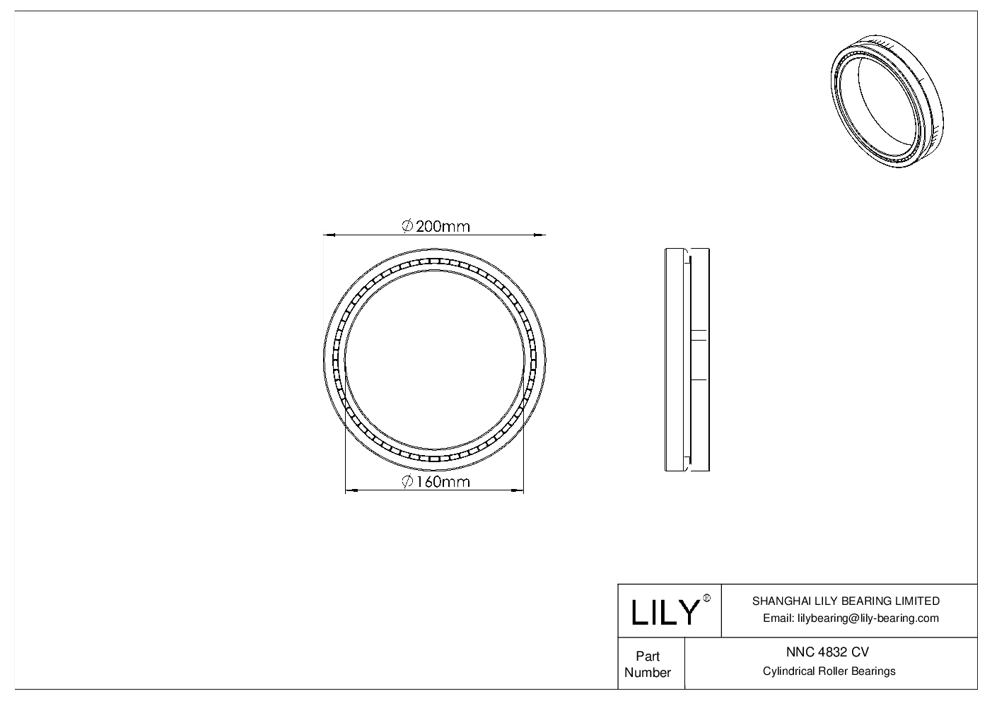 NNC 4832 CV Double Row Full Complement Cylindrical Roller Bearings cad drawing