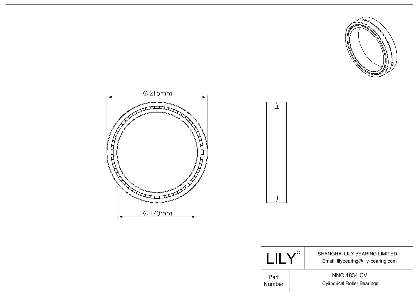 NNC 4834 CV Double Row Full Complement Cylindrical Roller Bearings cad drawing