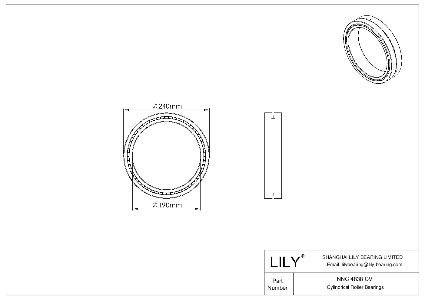 NNC 4838 CV Double Row Full Complement Cylindrical Roller Bearings cad drawing