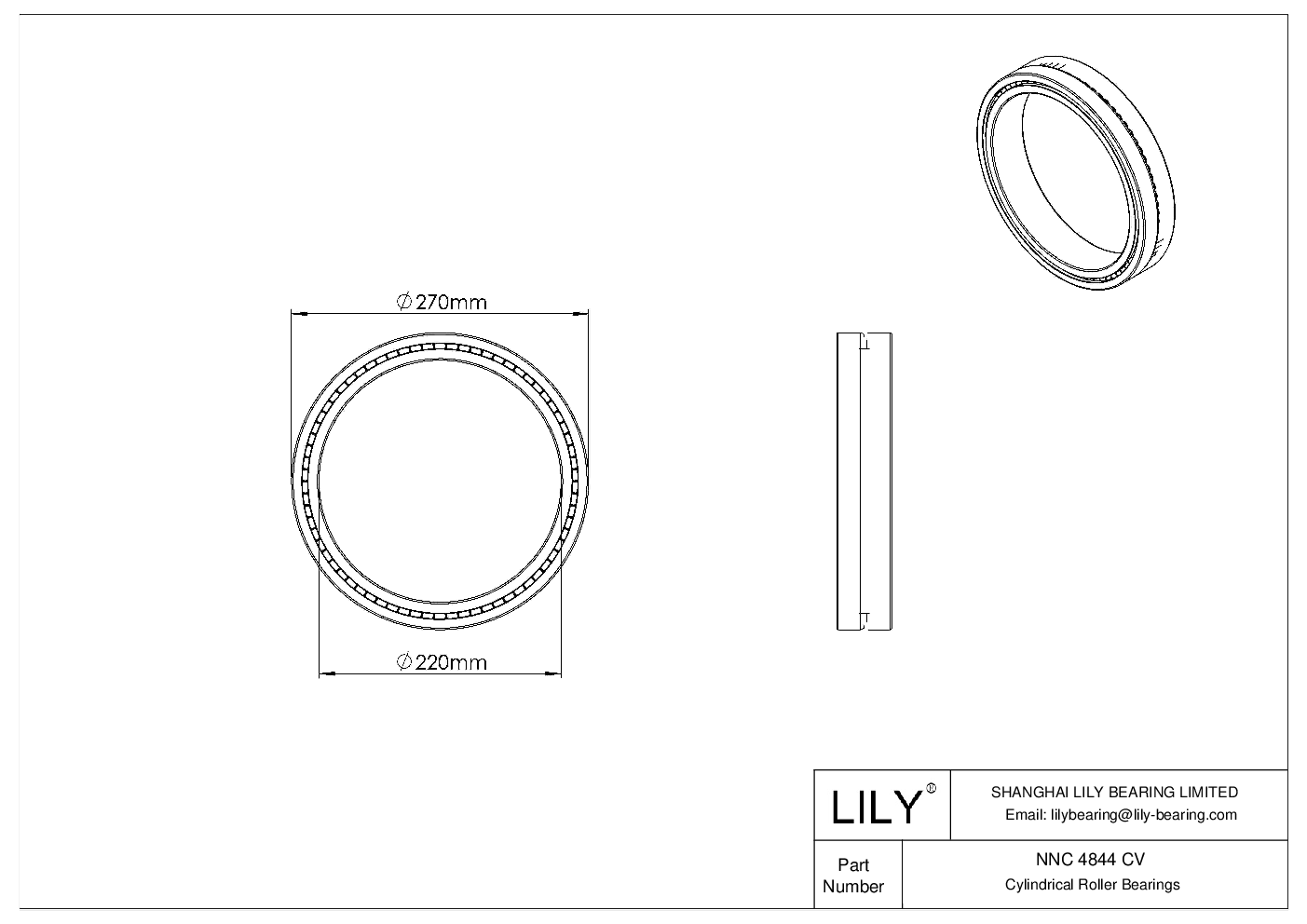 NNC 4844 CV Double Row Full Complement Cylindrical Roller Bearings cad drawing