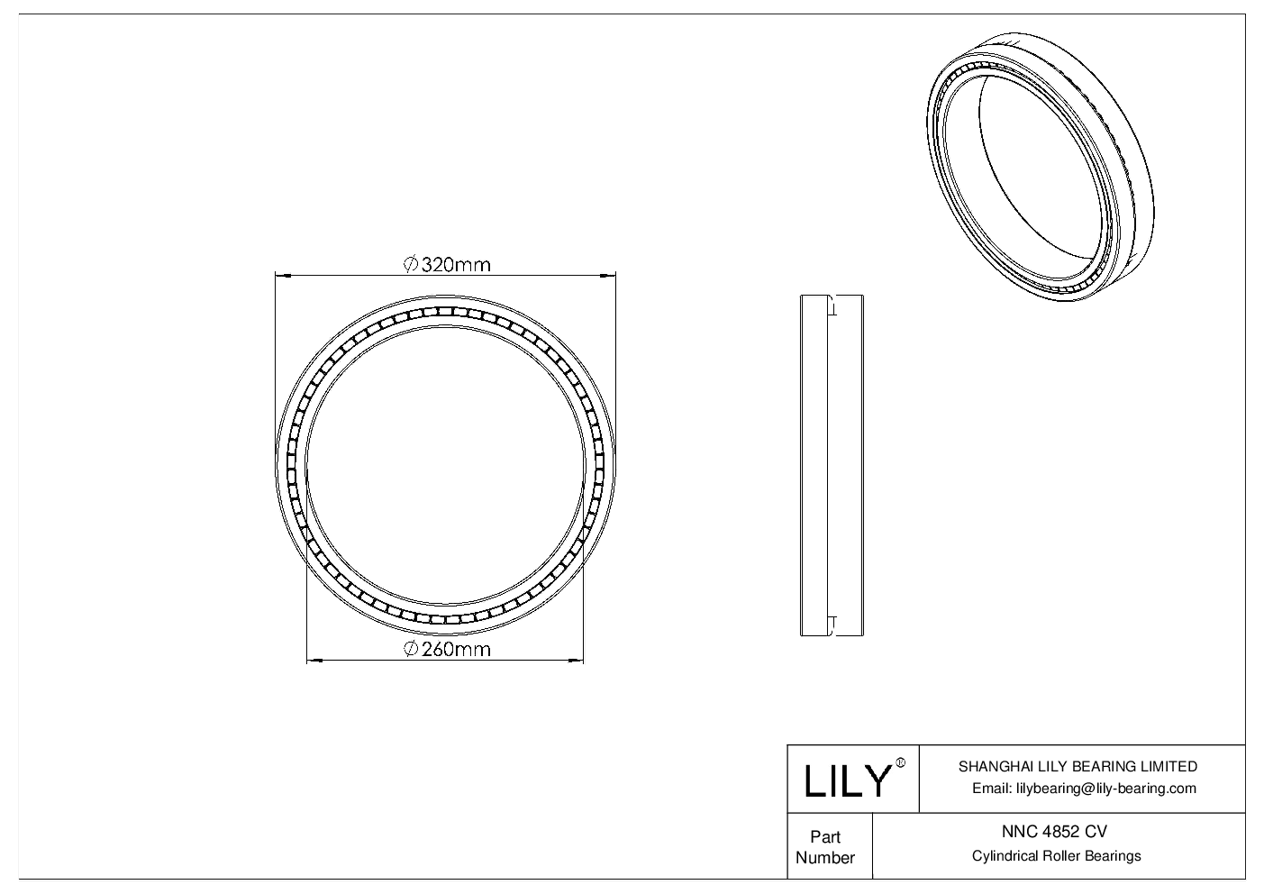 NNC 4852 CV Double Row Full Complement Cylindrical Roller Bearings cad drawing