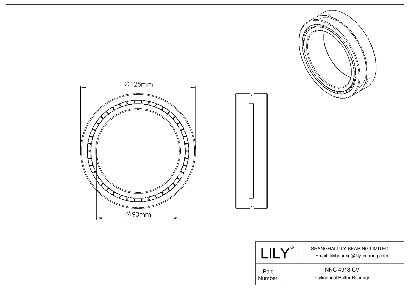 NNC 4918 CV Double Row Full Complement Cylindrical Roller Bearings cad drawing