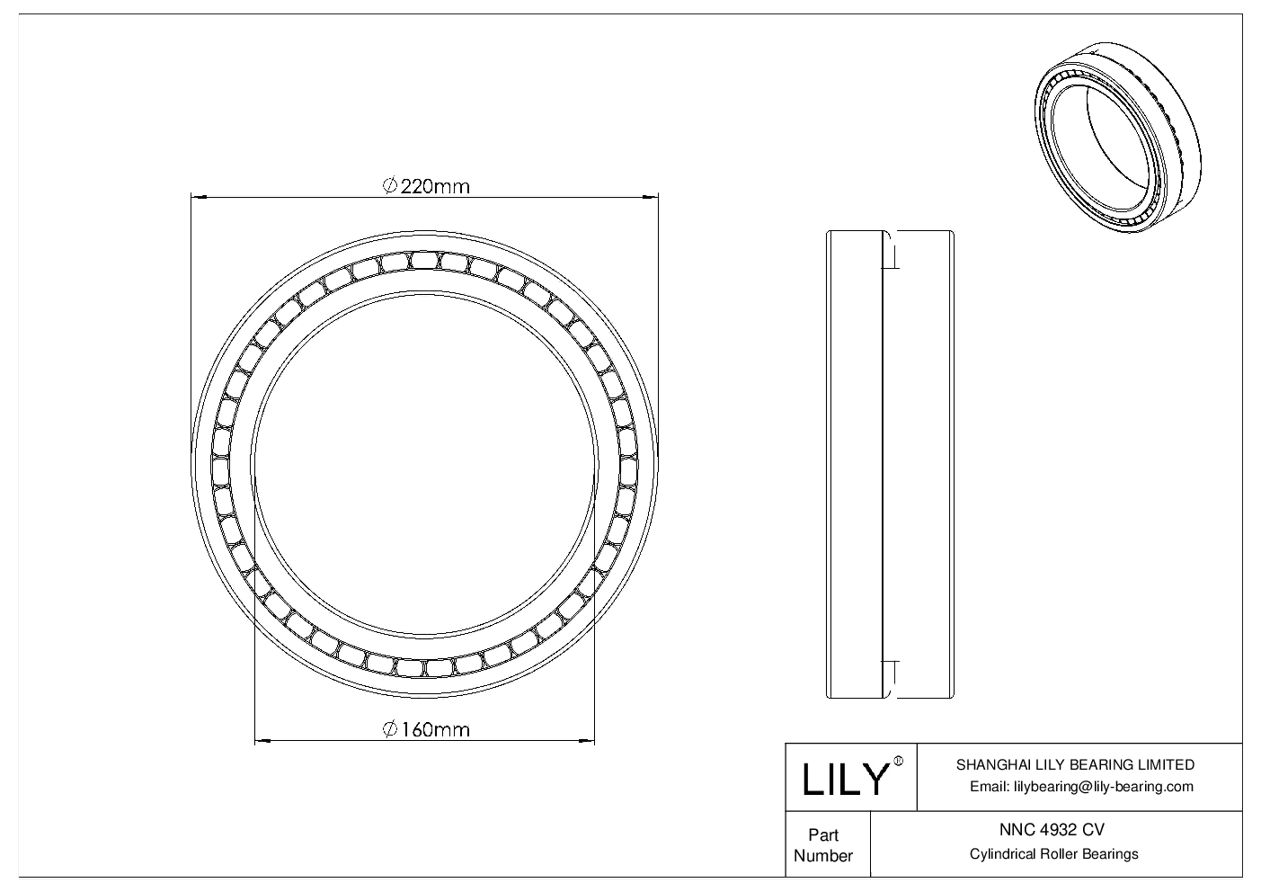 NNC 4932 CV Double Row Full Complement Cylindrical Roller Bearings cad drawing