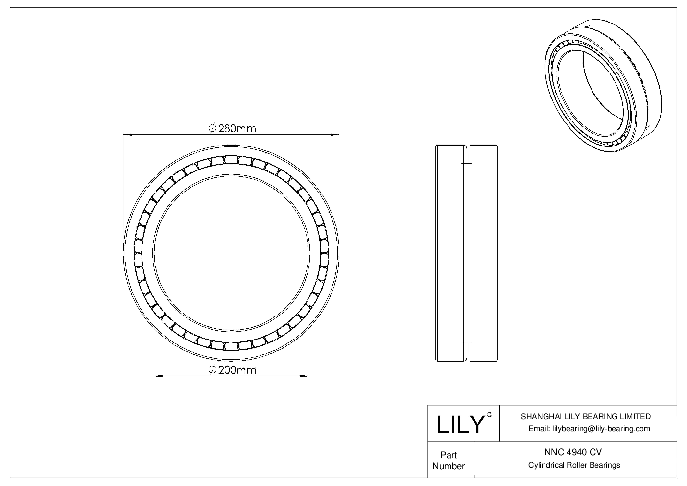 NNC 4940 CV Double Row Full Complement Cylindrical Roller Bearings cad drawing