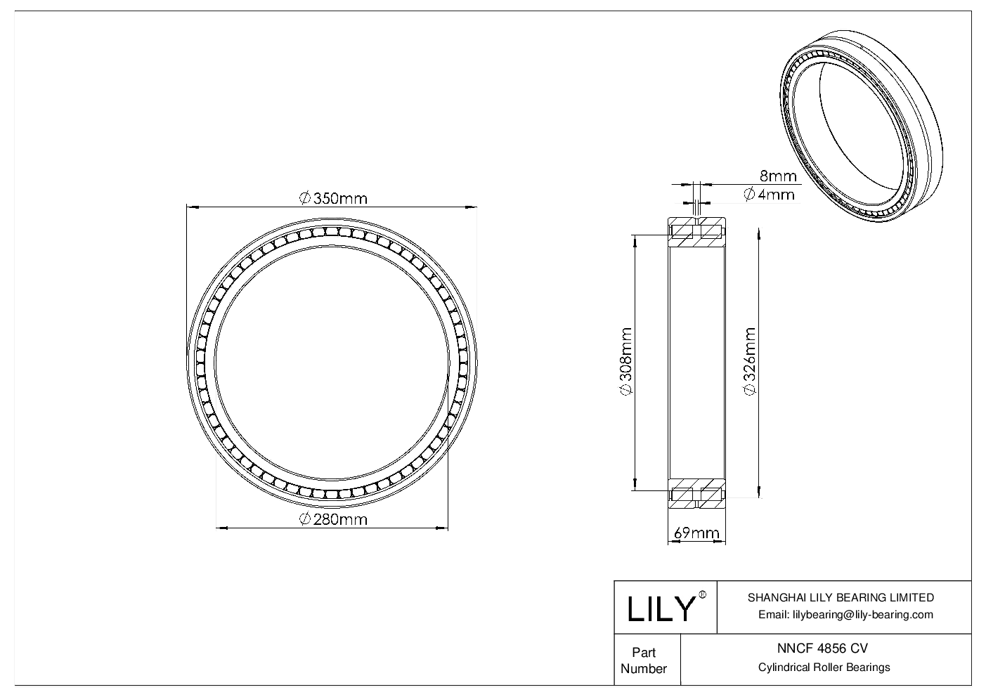 NNCF 4856 CV Double Row Full Complement Cylindrical Roller Bearings cad drawing