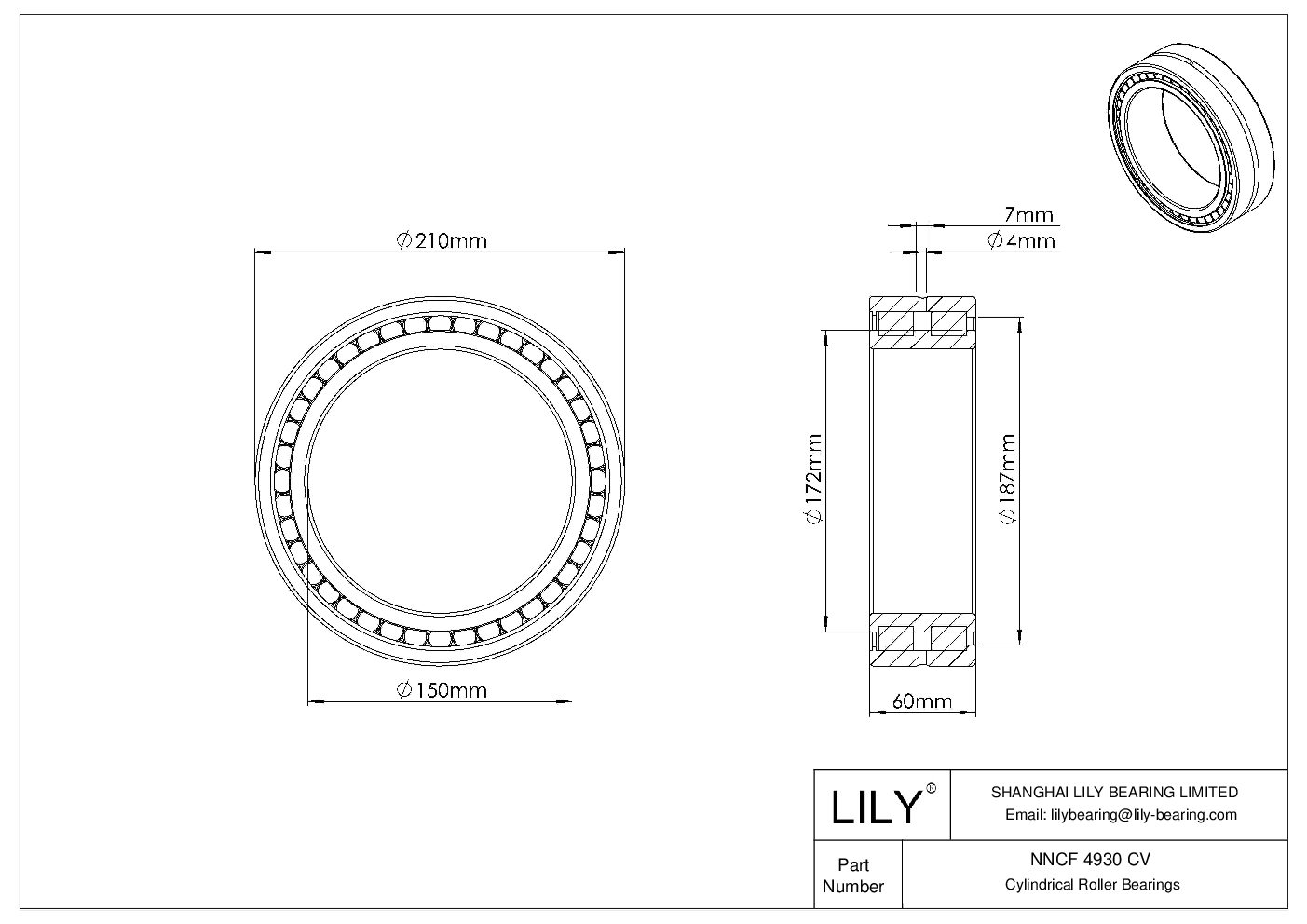 NNCF 4930 CV Double Row Full Complement Cylindrical Roller Bearings cad drawing