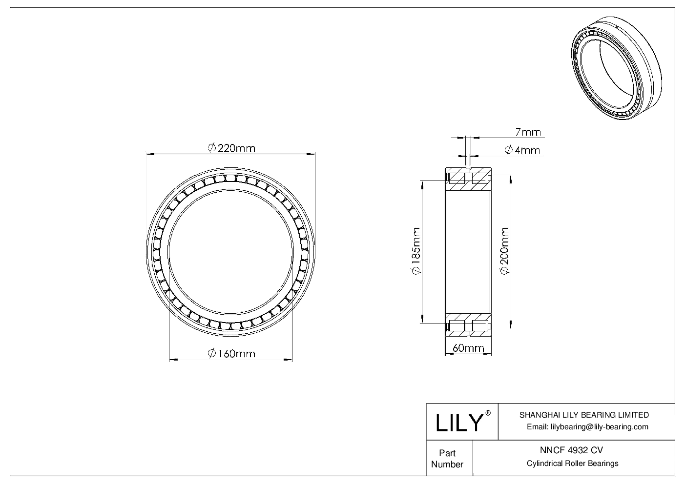 NNCF 4932 CV Double Row Full Complement Cylindrical Roller Bearings cad drawing