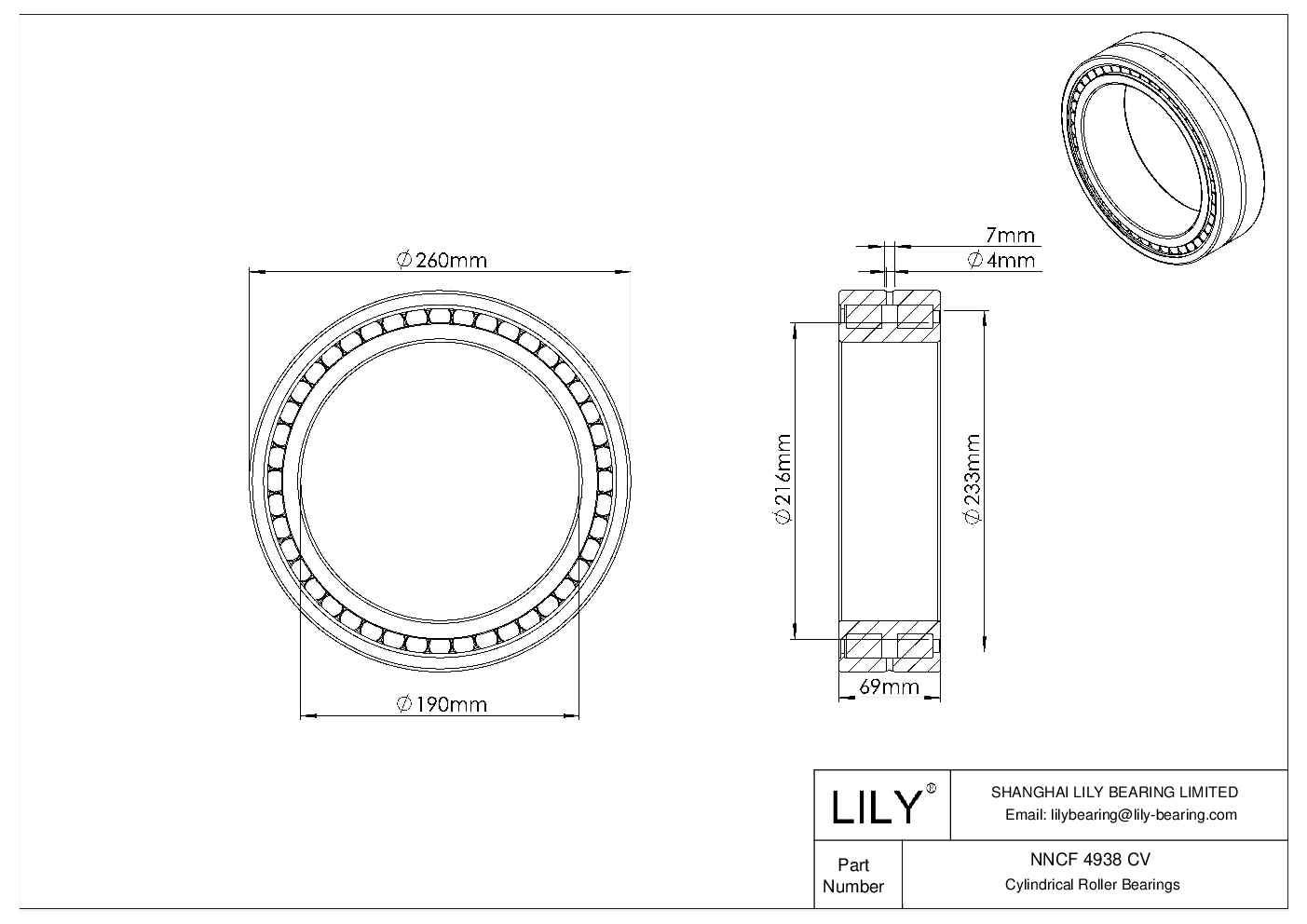 NNCF 4938 CV Double Row Full Complement Cylindrical Roller Bearings cad drawing