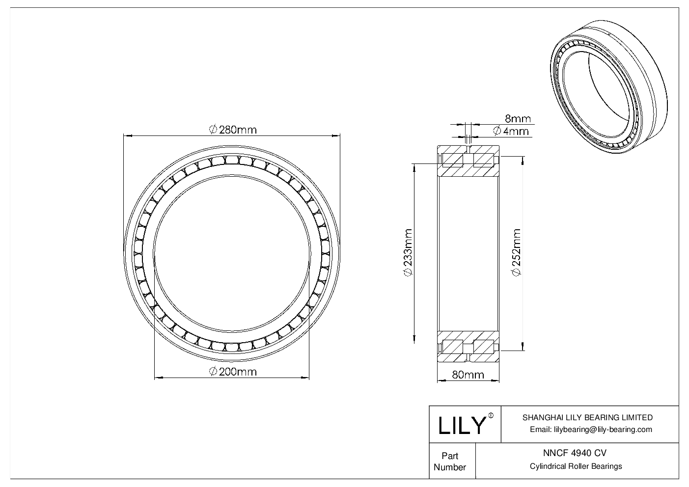 NNCF 4940 CV Double Row Full Complement Cylindrical Roller Bearings cad drawing