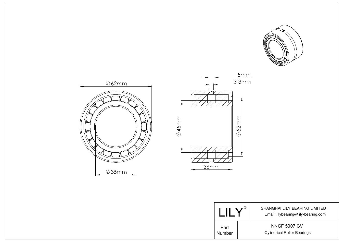 NNCF 5007 CV Double Row Full Complement Cylindrical Roller Bearings cad drawing