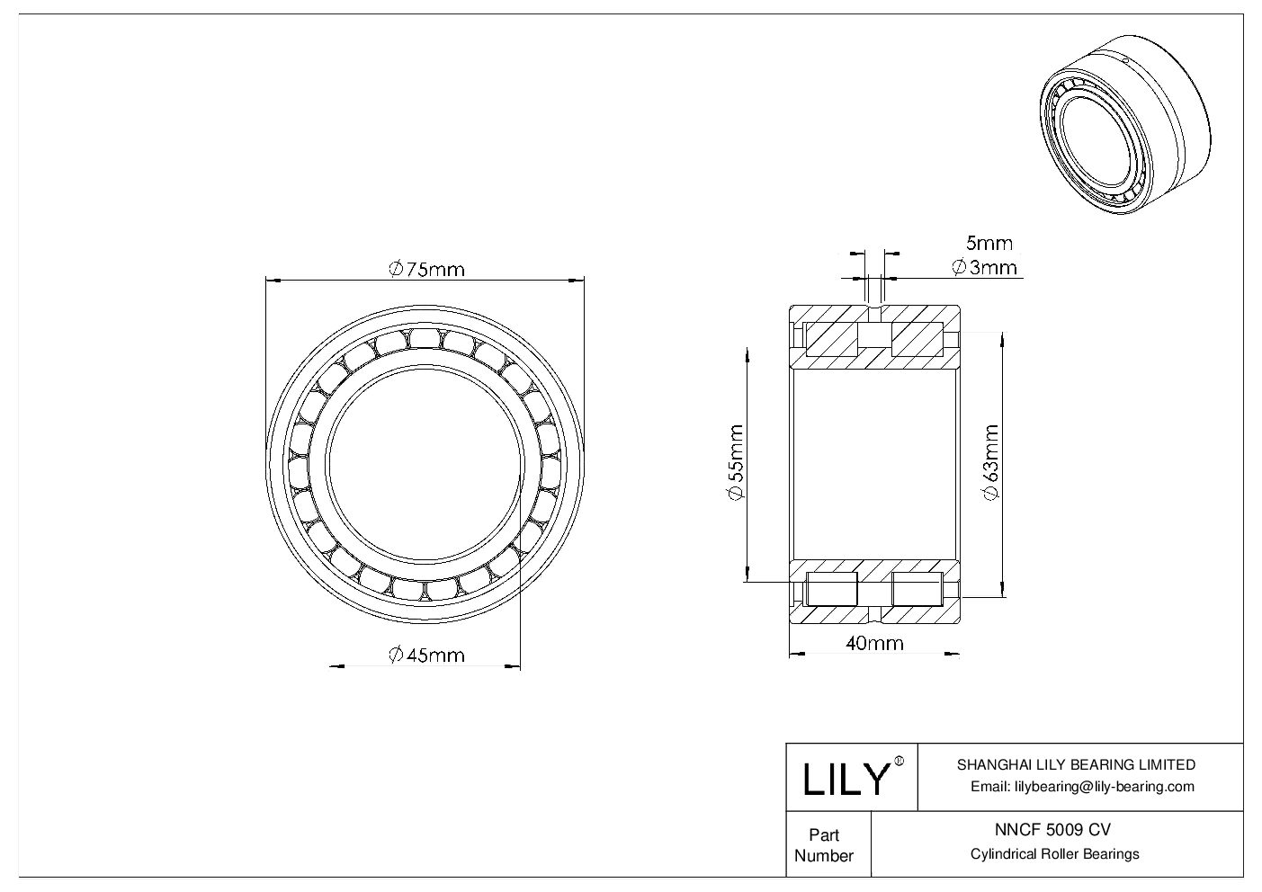 NNCF 5009 CV Double Row Full Complement Cylindrical Roller Bearings cad drawing