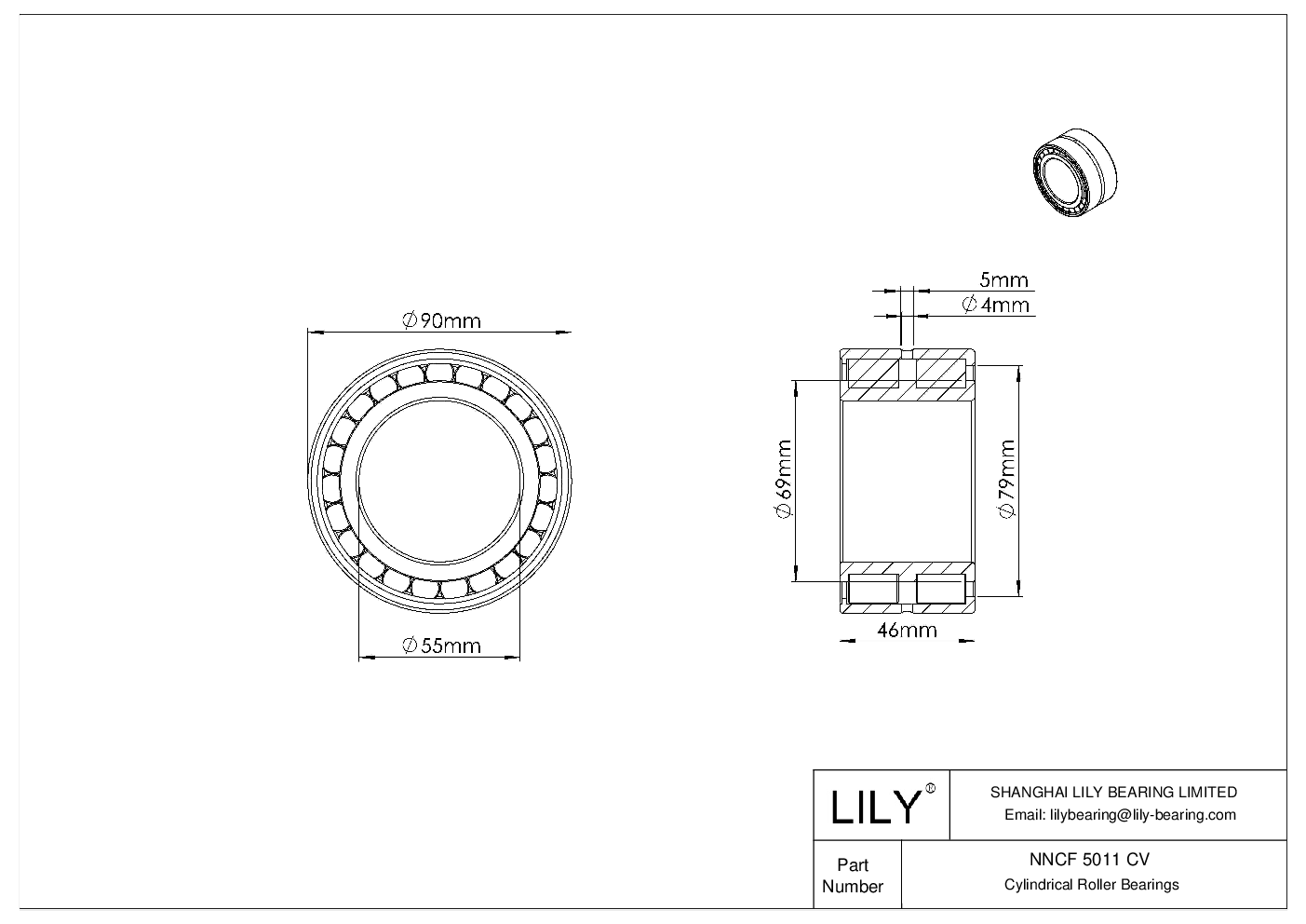 NNCF 5011 CV Double Row Full Complement Cylindrical Roller Bearings cad drawing