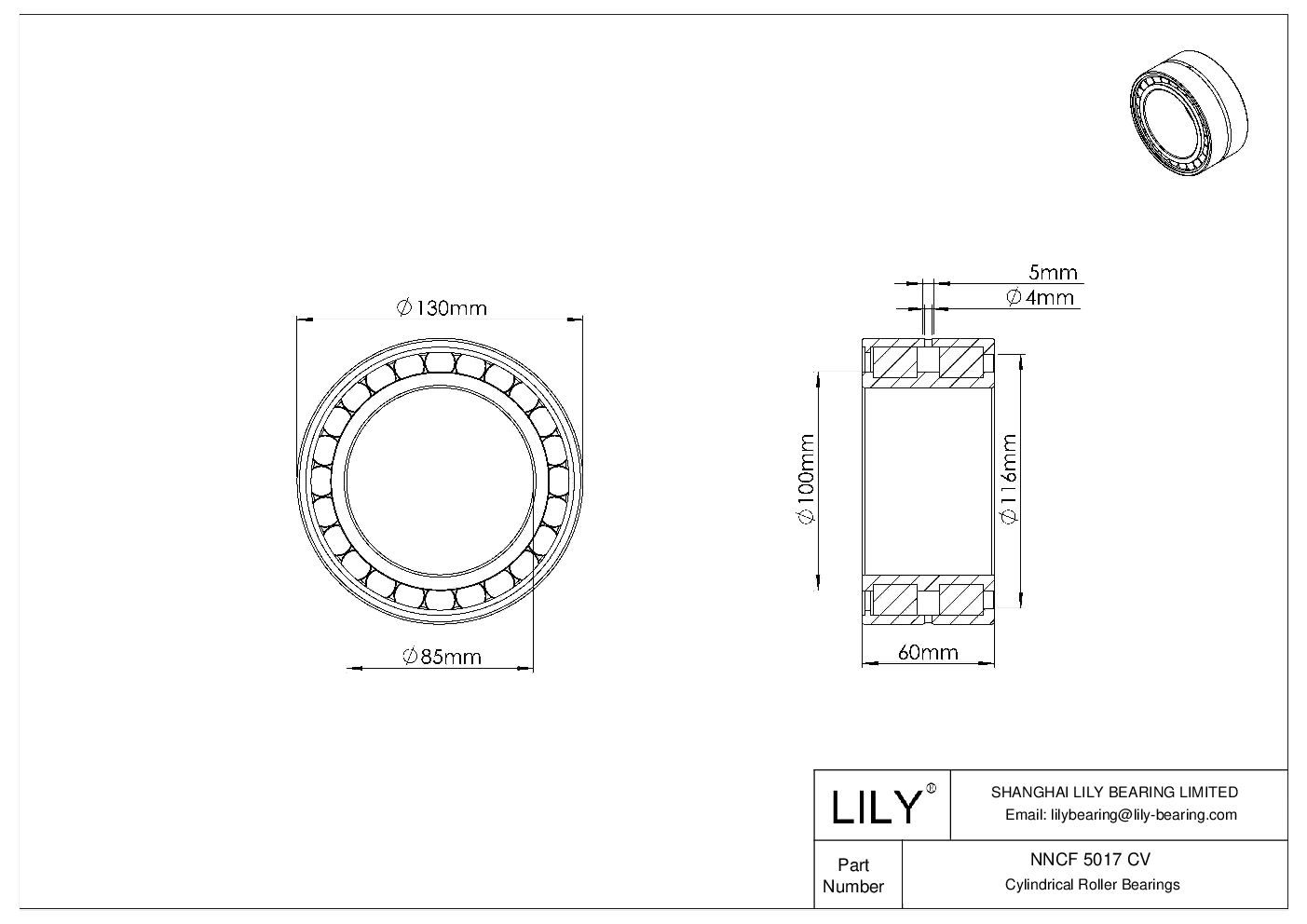 NNCF 5017 CV Double Row Full Complement Cylindrical Roller Bearings cad drawing