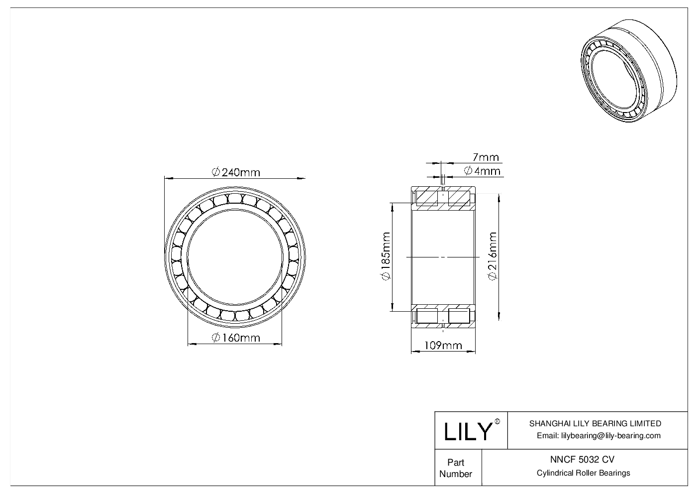 NNCF 5032 CV Double Row Full Complement Cylindrical Roller Bearings cad drawing