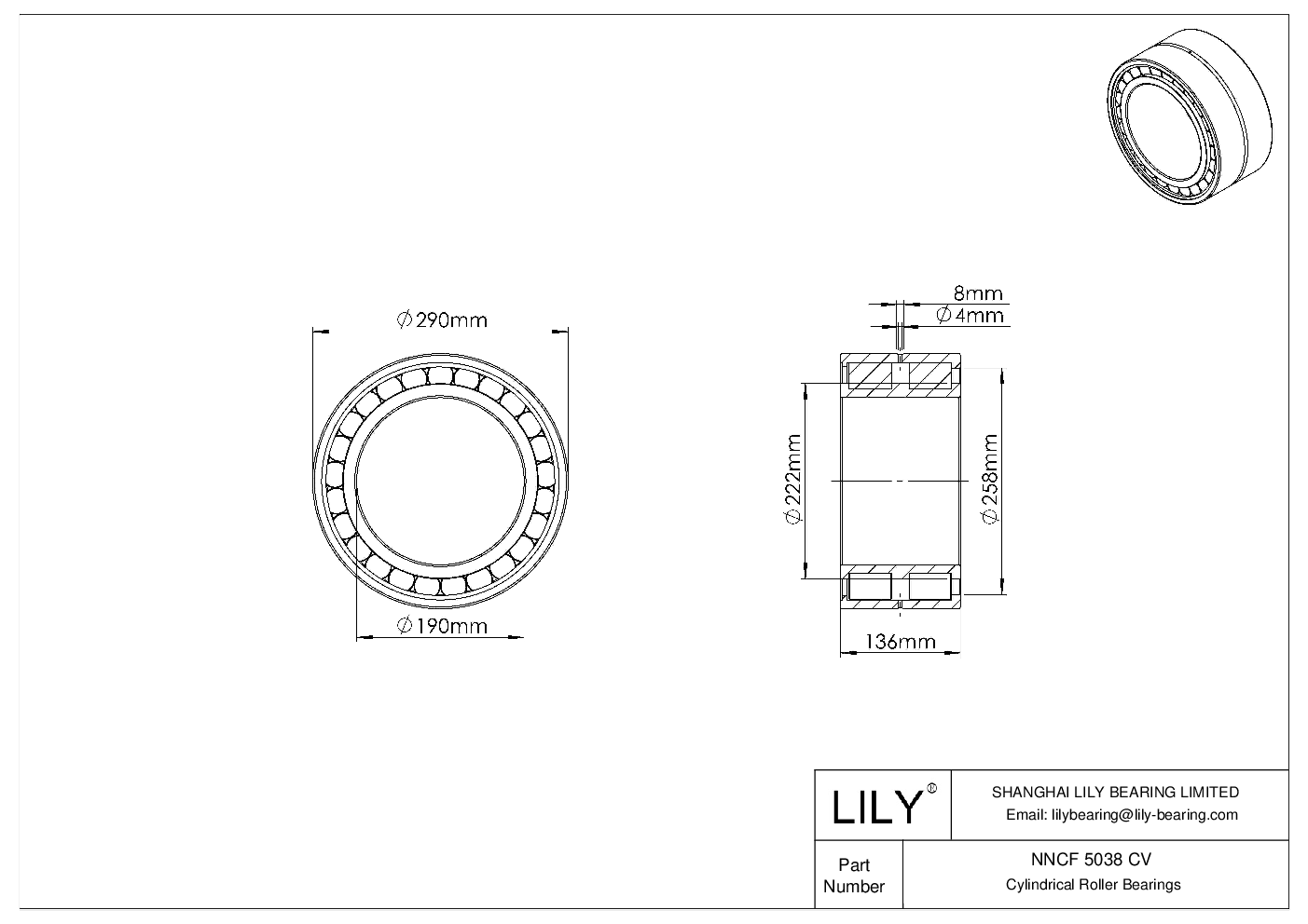 NNCF 5038 CV Double Row Full Complement Cylindrical Roller Bearings cad drawing