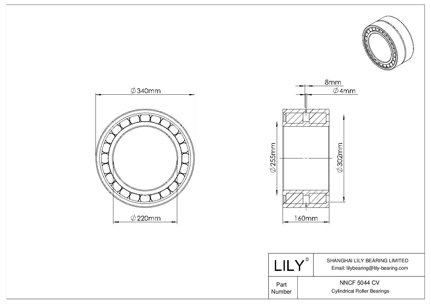 NNCF 5044 CV Double Row Full Complement Cylindrical Roller Bearings cad drawing