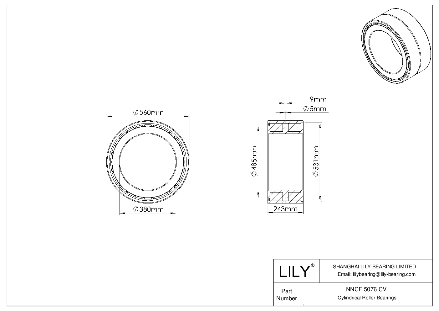 NNCF 5076 CV Double Row Full Complement Cylindrical Roller Bearings cad drawing