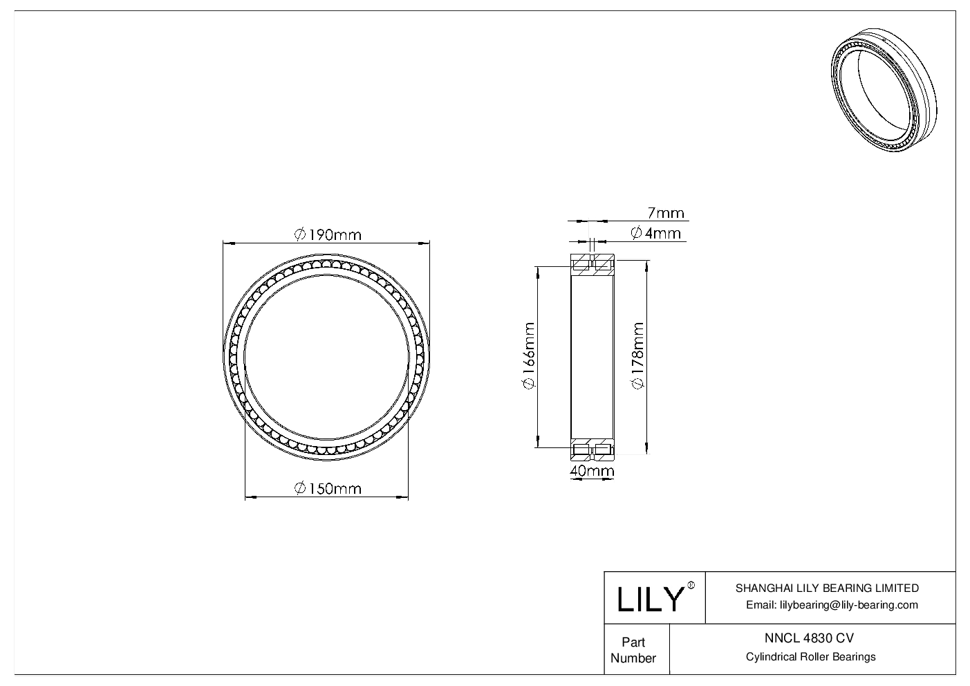 NNCL 4830 CV Double Row Full Complement Cylindrical Roller Bearings cad drawing