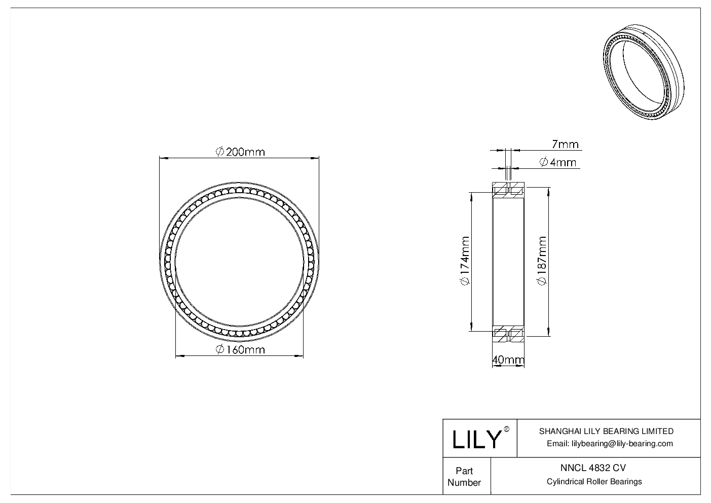NNCL 4832 CV Double Row Full Complement Cylindrical Roller Bearings cad drawing